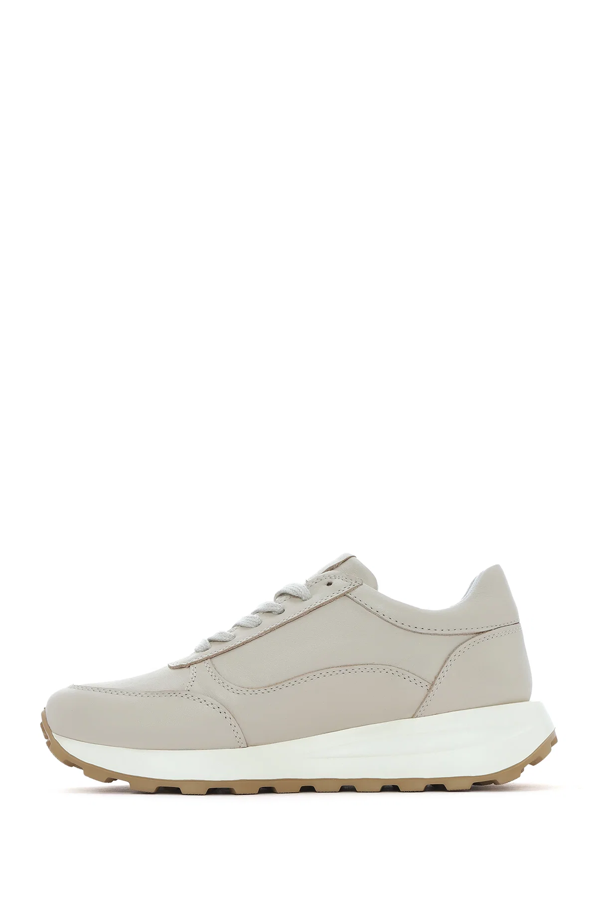 Kadın Bej Bağcıklı Yandan Fermuarlı Deri Sneaker - Image 2