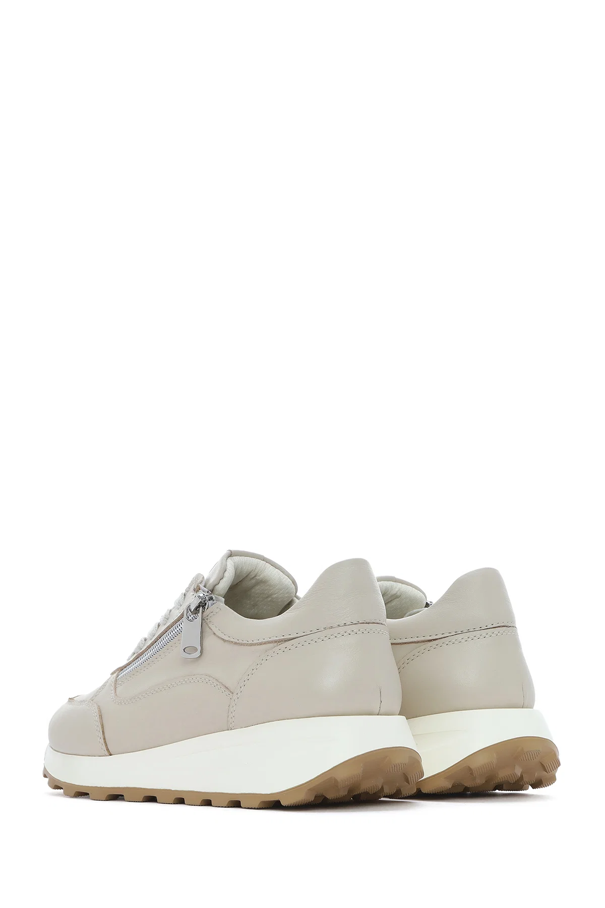 Kadın Bej Bağcıklı Yandan Fermuarlı Deri Sneaker - Image 5