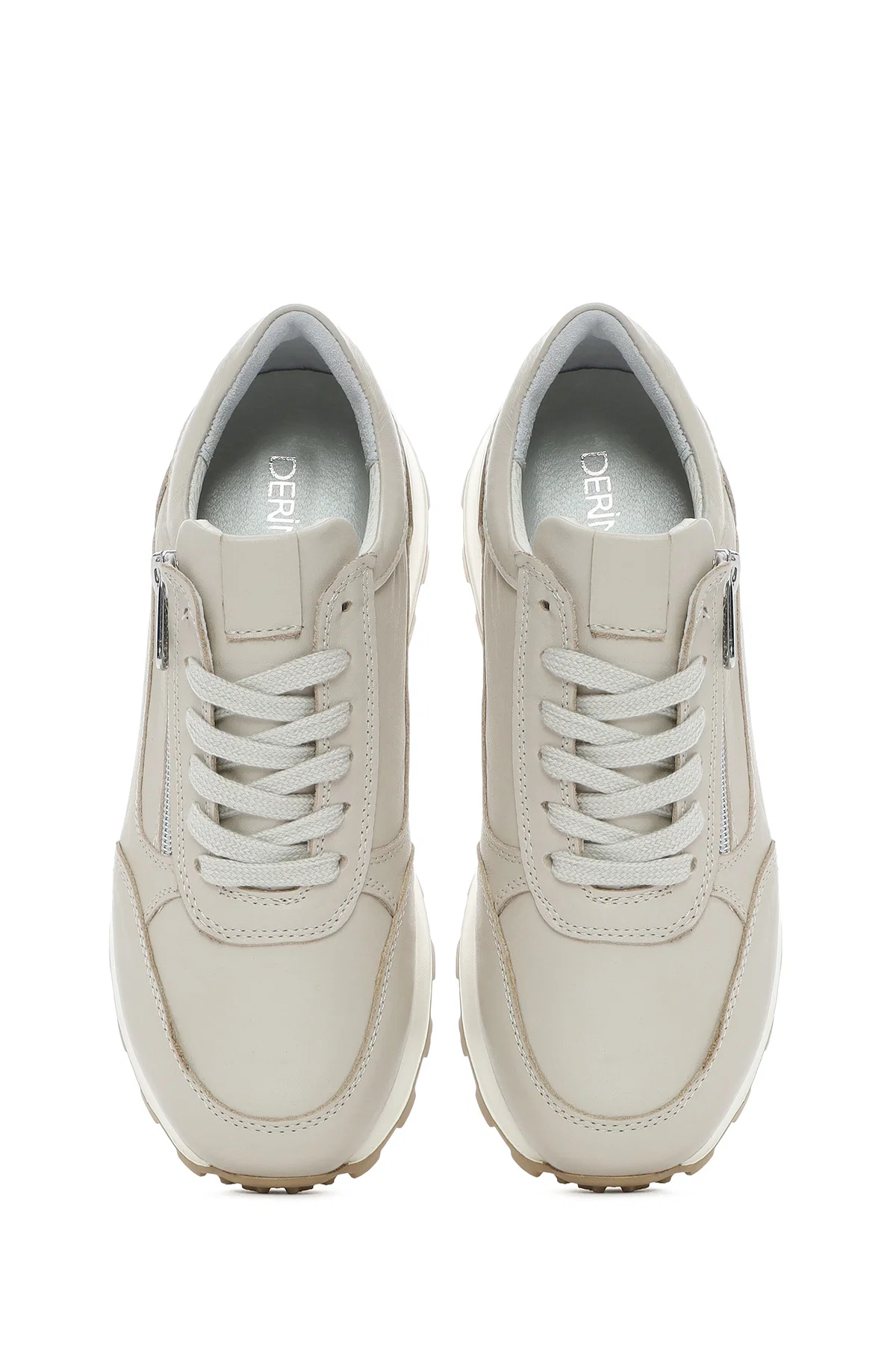Kadın Bej Bağcıklı Yandan Fermuarlı Deri Sneaker - Image 7
