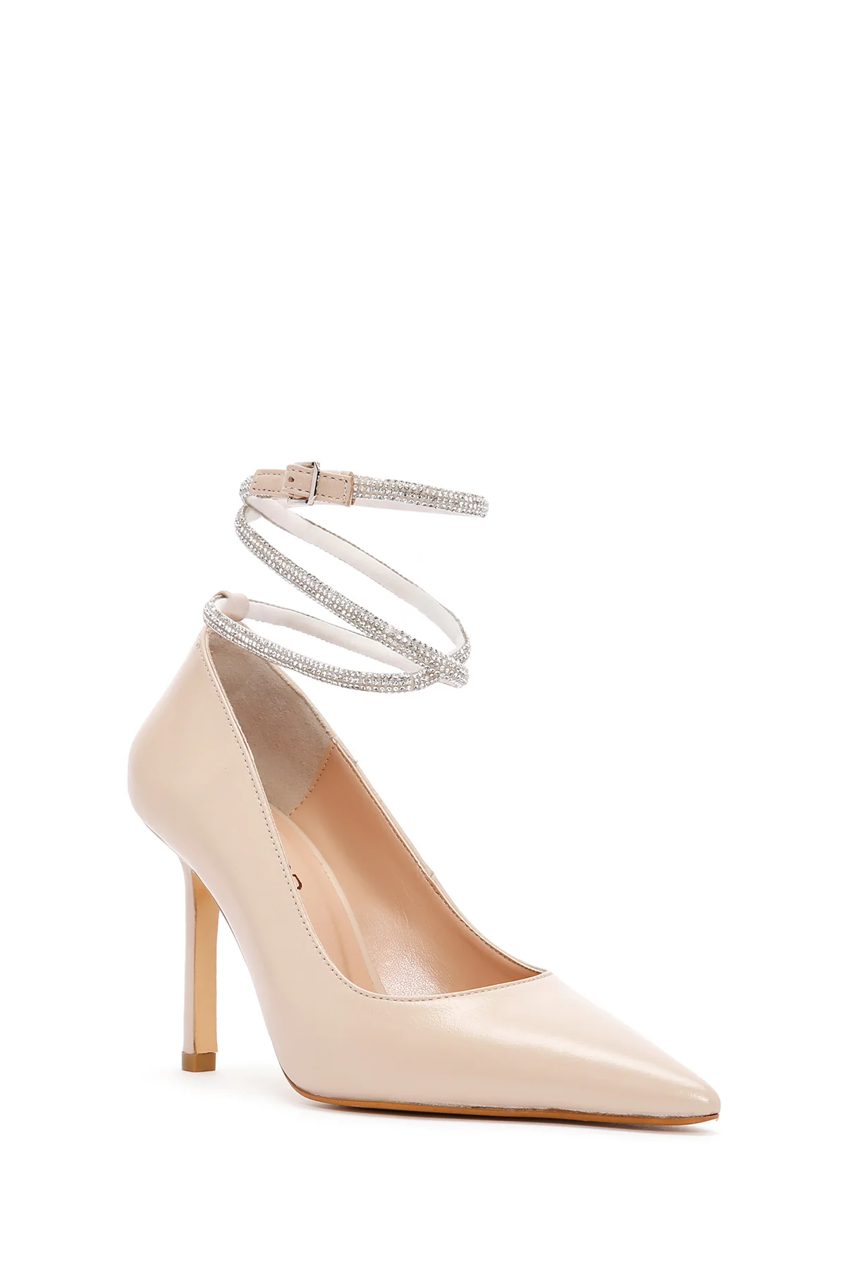 Kadın Bej Bilekten Bantlı İnce Topuklu Deri Stiletto - Image 7