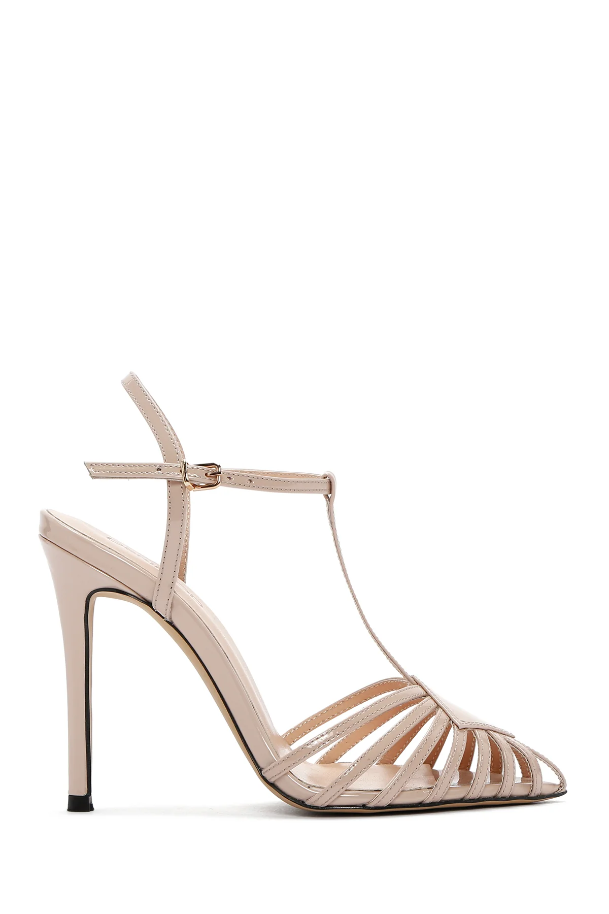 Kadın Bej Bilekten Bantlı İnce Topuklu Rugan Deri Sandalet