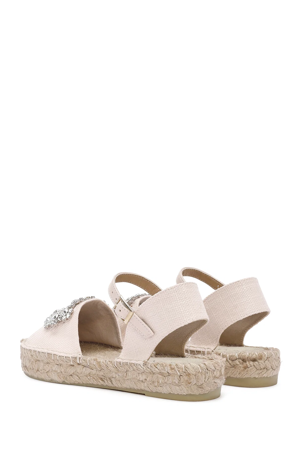 Kadın Bej Bilekten Tokalı Jean Kumaş Taşlı Espadril Sandalet - Image 5