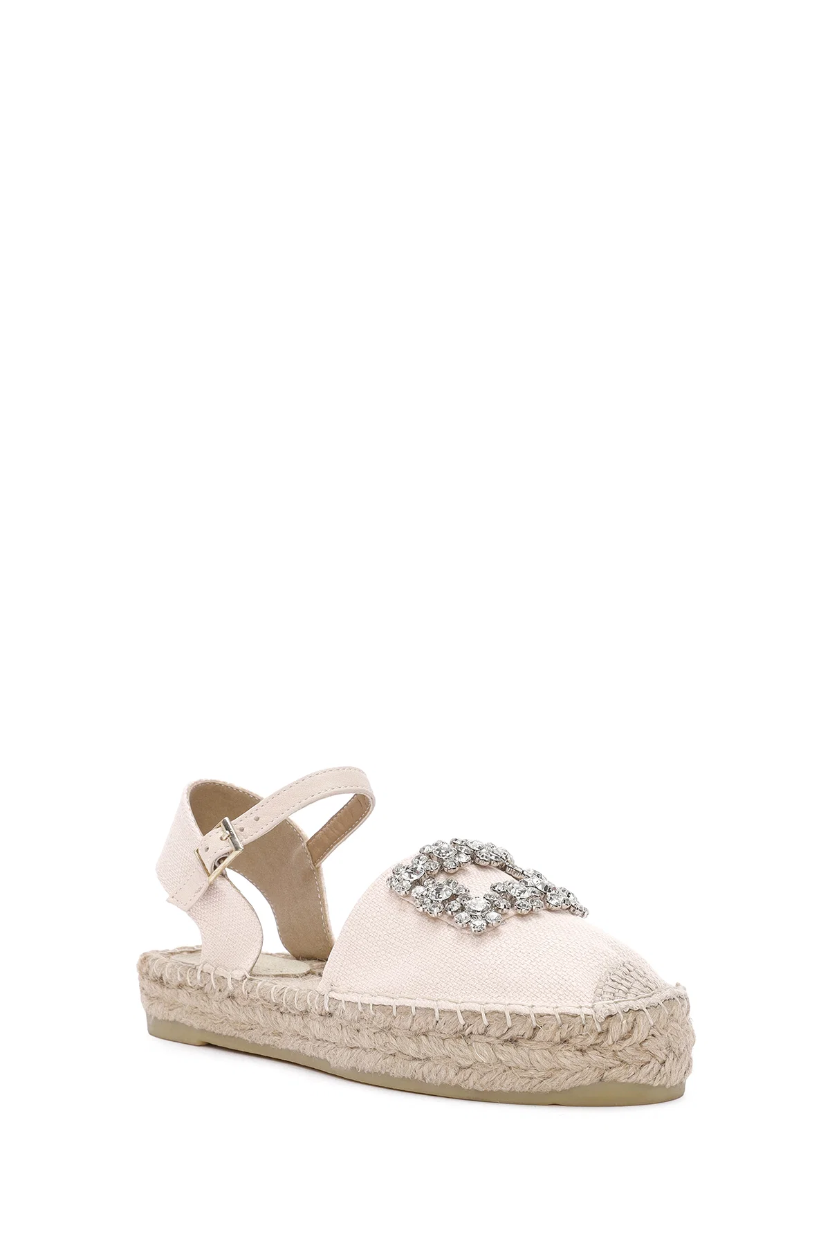 Kadın Bej Bilekten Tokalı Jean Kumaş Taşlı Espadril Sandalet - Image 6