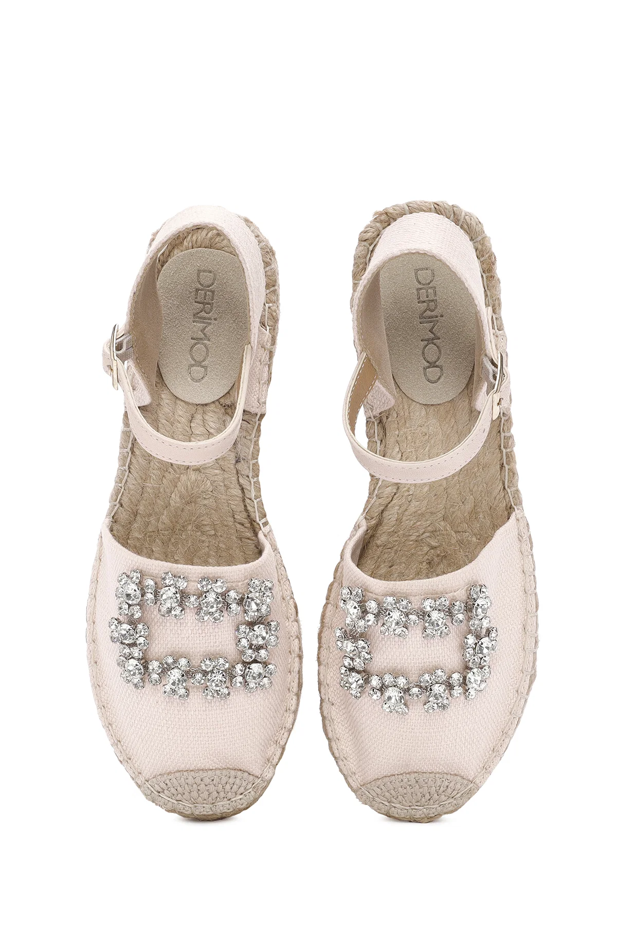 Kadın Bej Bilekten Tokalı Jean Kumaş Taşlı Espadril Sandalet - Image 7