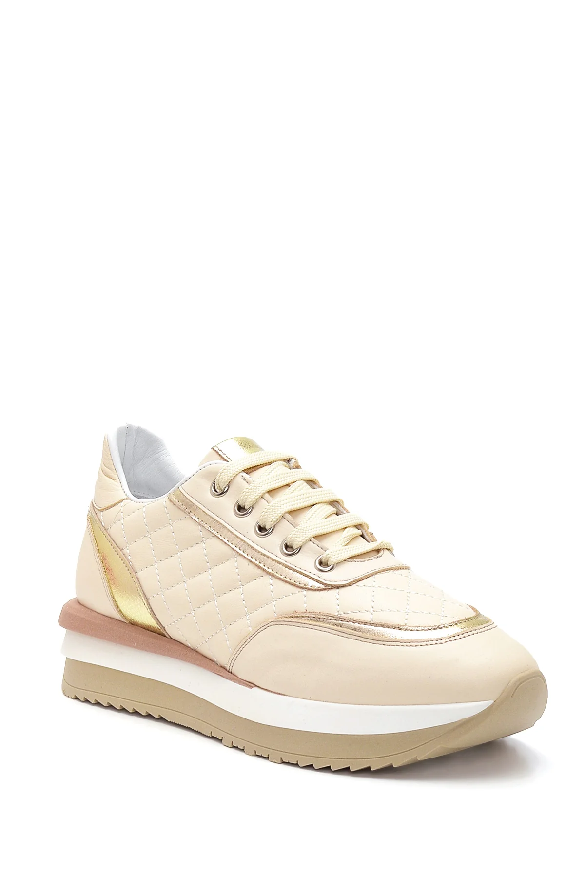Kadın Bej Deri Kalın Tabanlı Sneaker - Image 3