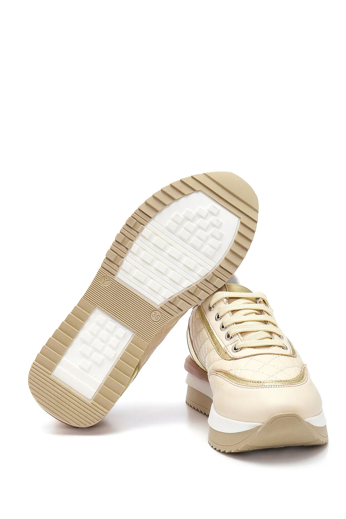 Kadın Bej Deri Kalın Tabanlı Sneaker - Image 4