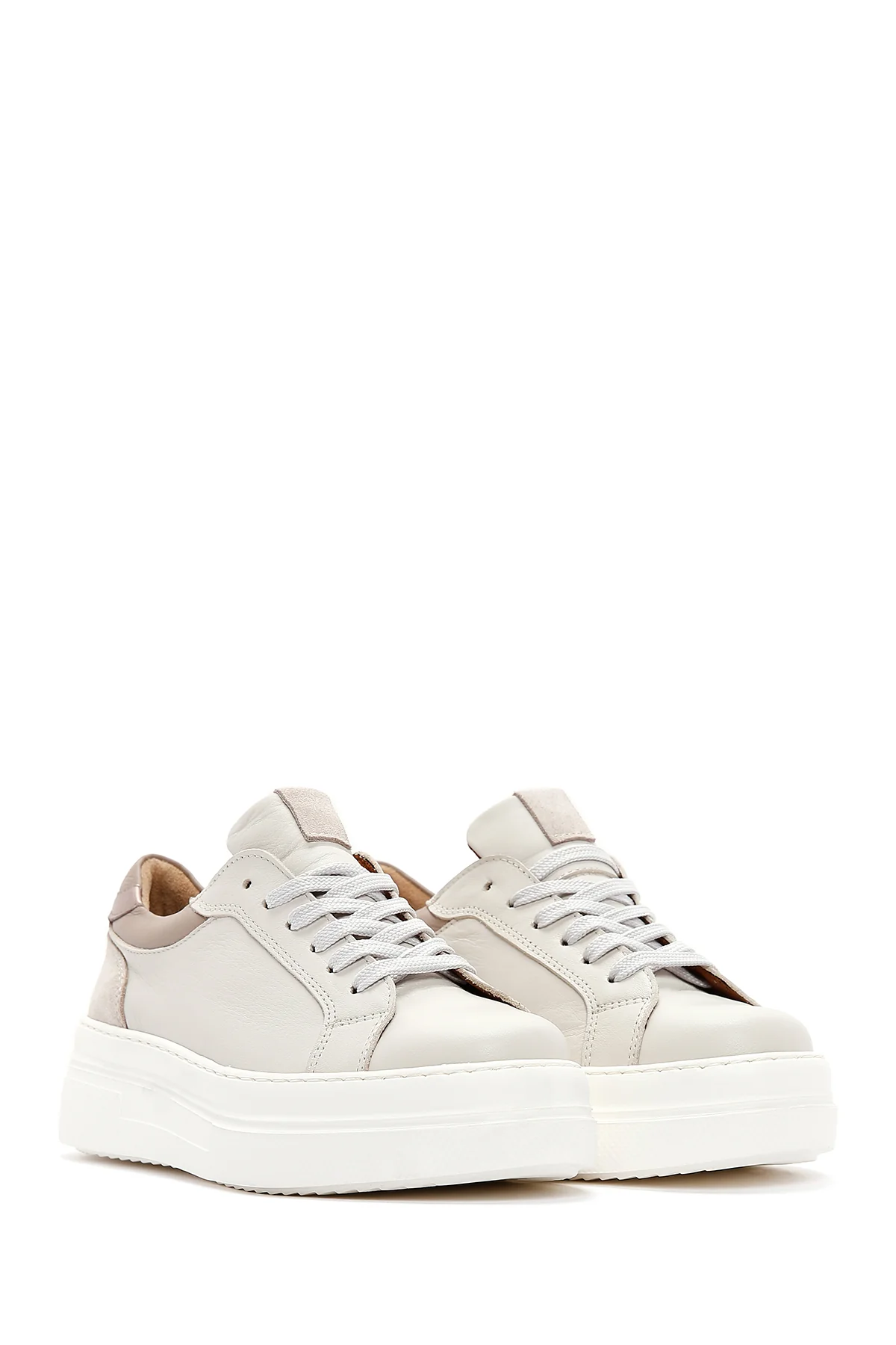 Kadın Bej Deri Kalın Tabanlı Sneaker - Image 3