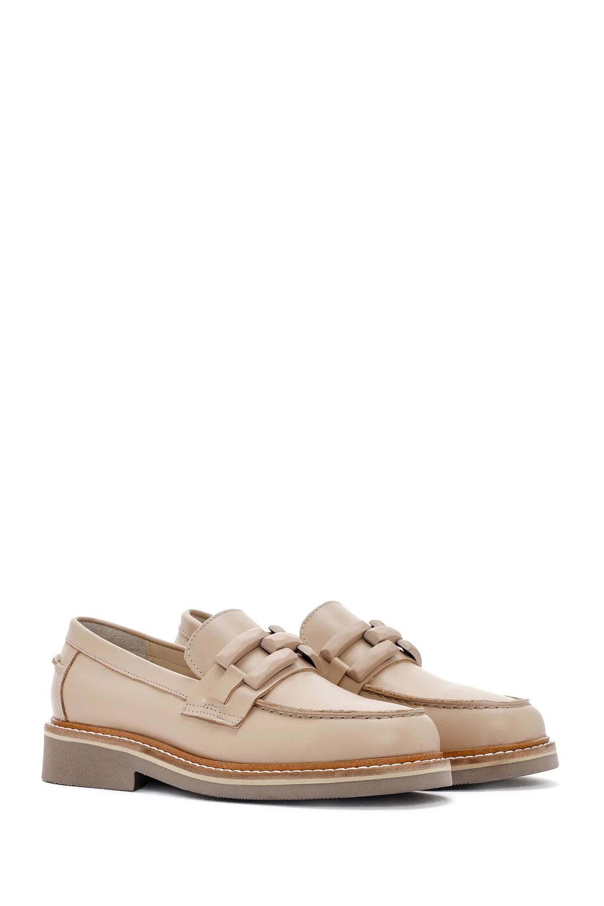 Kadın Bej Deri Maskülen Loafer - Image 3
