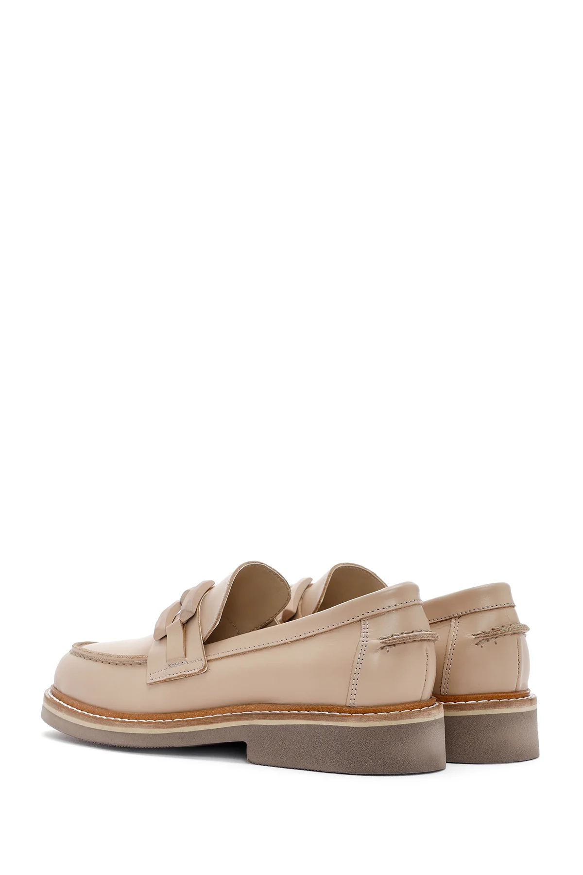 Kadın Bej Deri Maskülen Loafer - Image 5