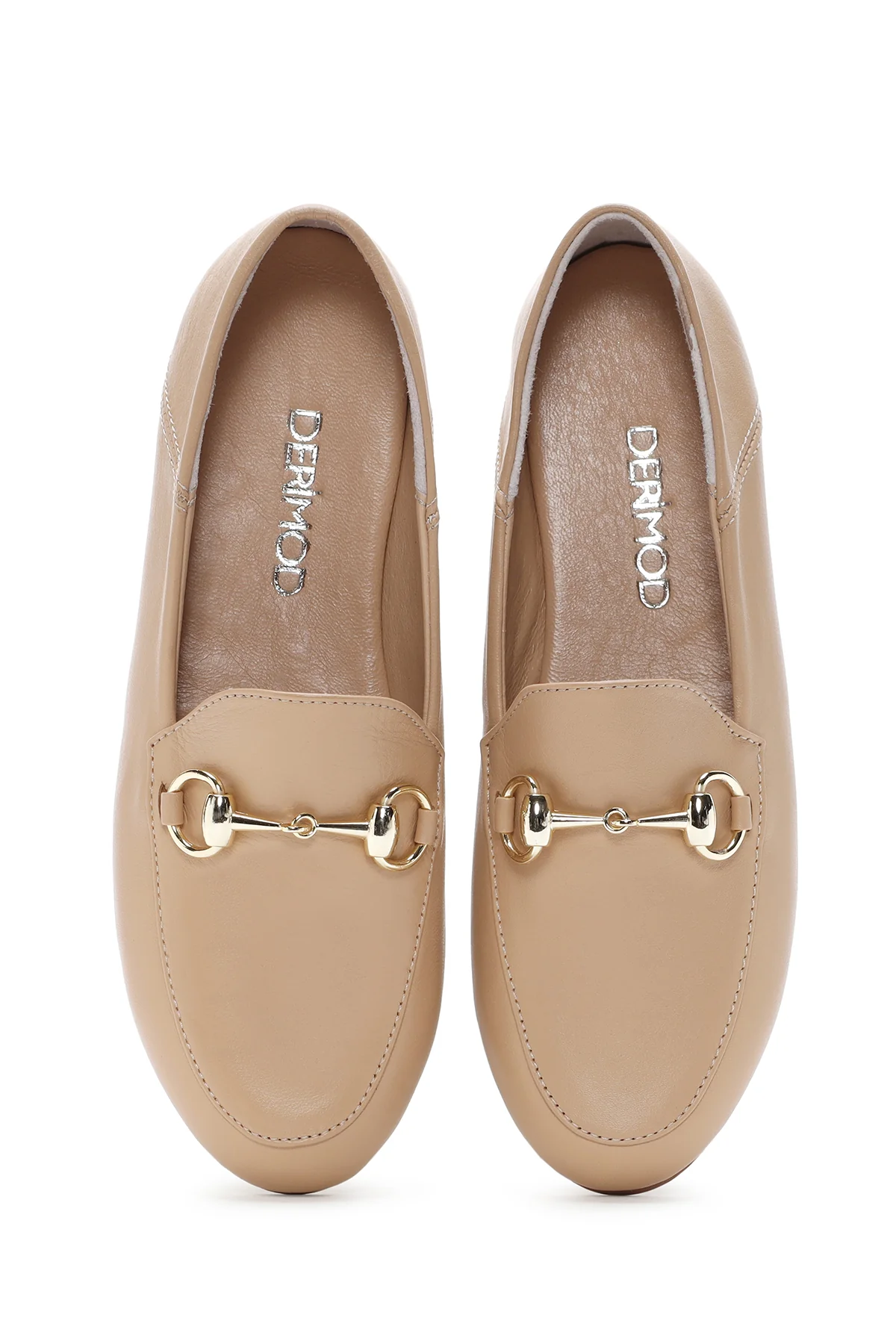 Kadın Bej Deri Maskülen Loafer - Image 6