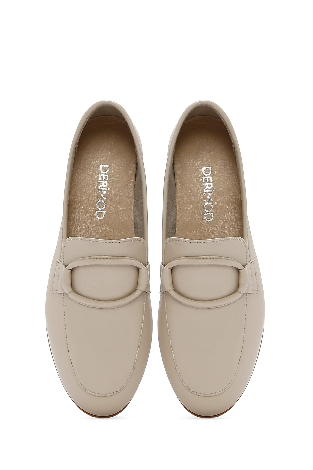 Kadın Bej Deri Maskülen Loafer - Image 4