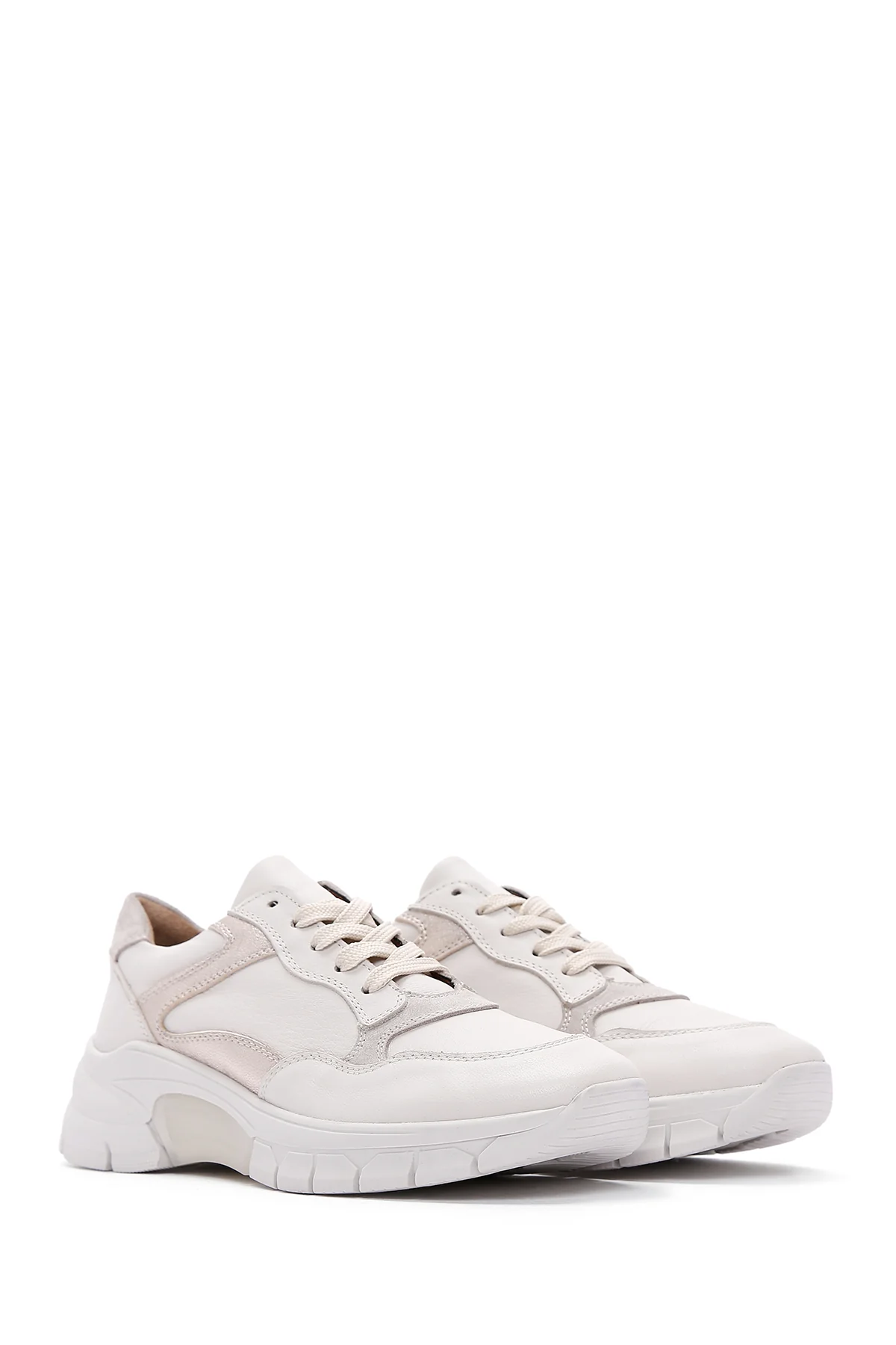 Kadın Bej Deri Sneaker - Image 3