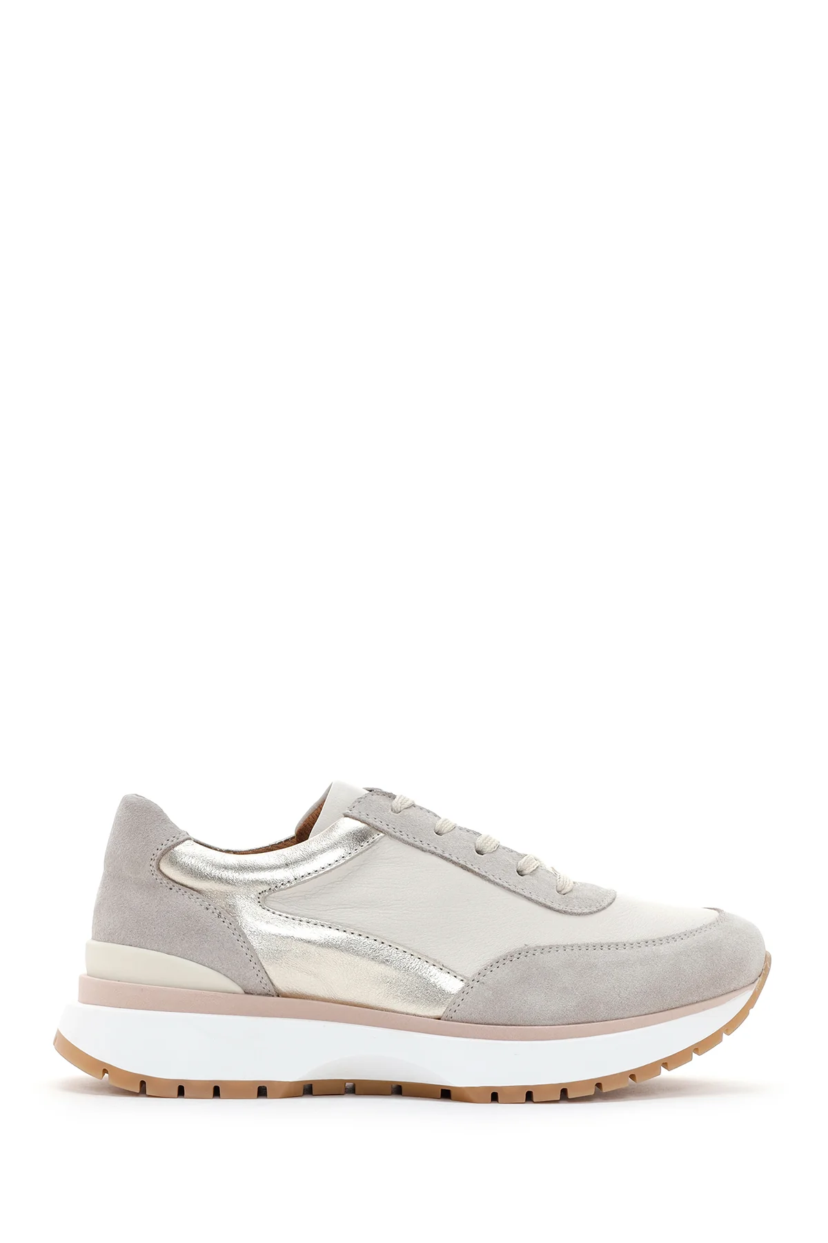Kadın Bej Deri Süet Detaylı Sneaker - Image 2