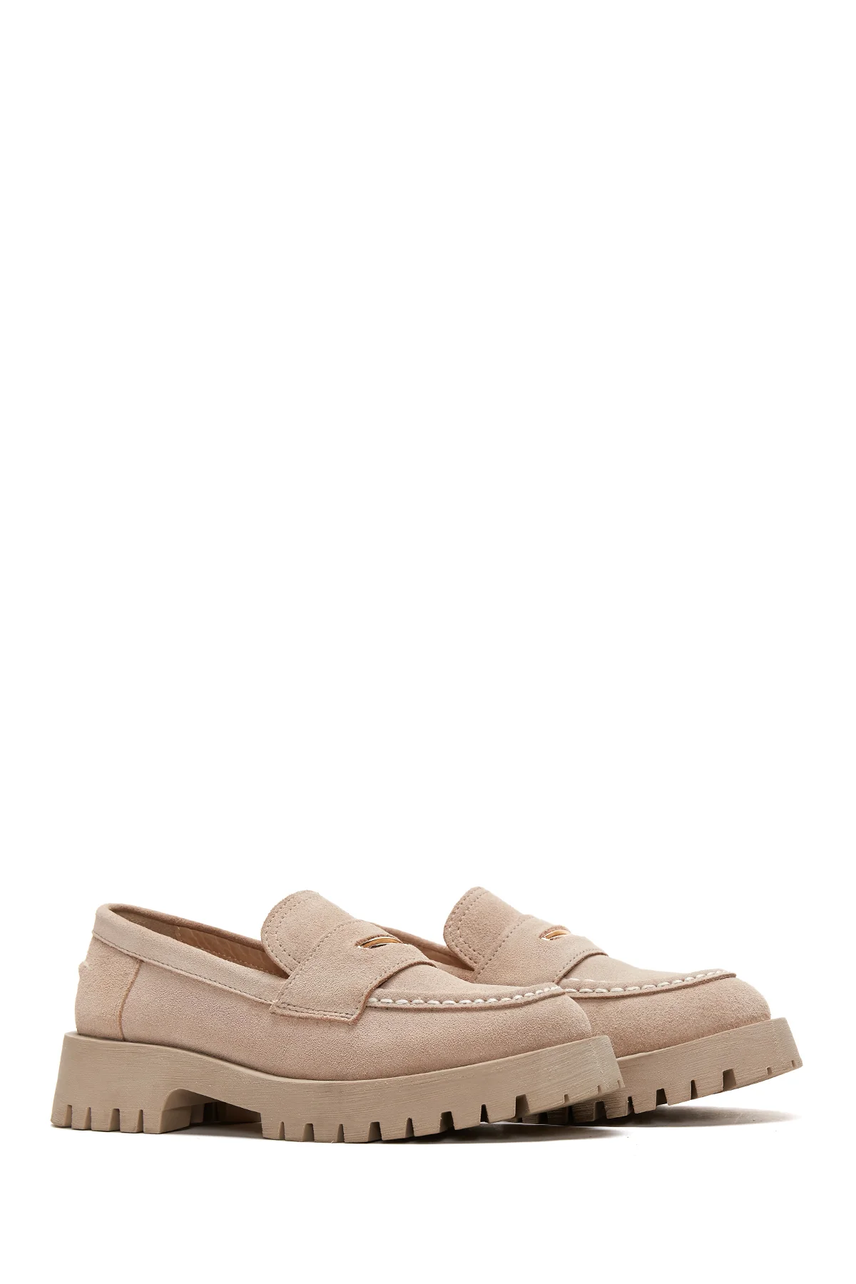 Kadın Bej Deri Süet Maskülen Loafer - Image 3