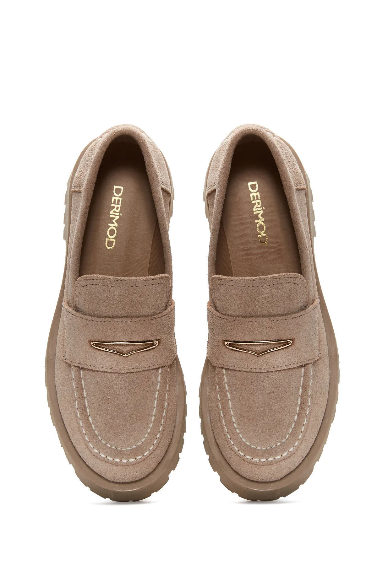 Kadın Bej Deri Süet Maskülen Loafer - Image 6