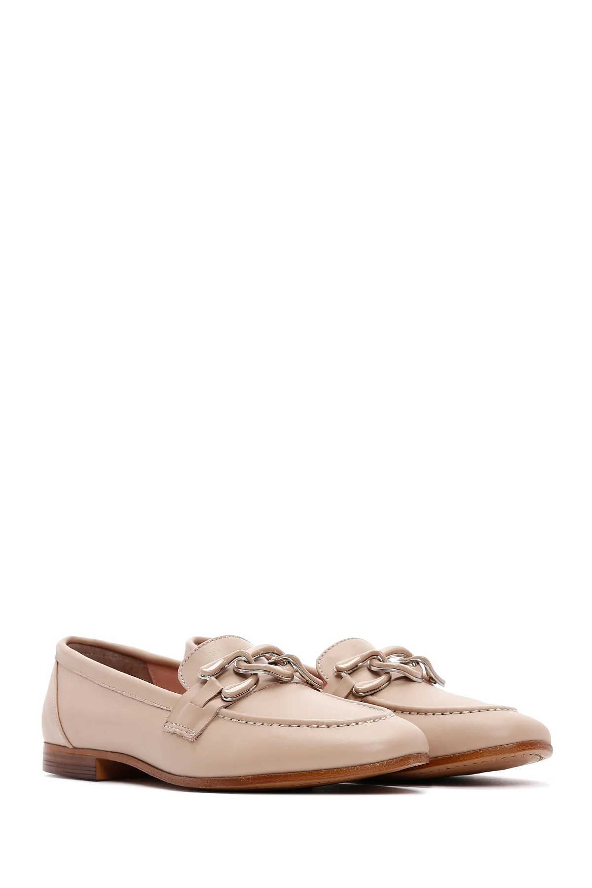 Kadın Bej Deri Tokalı Klasik Loafer - Image 3