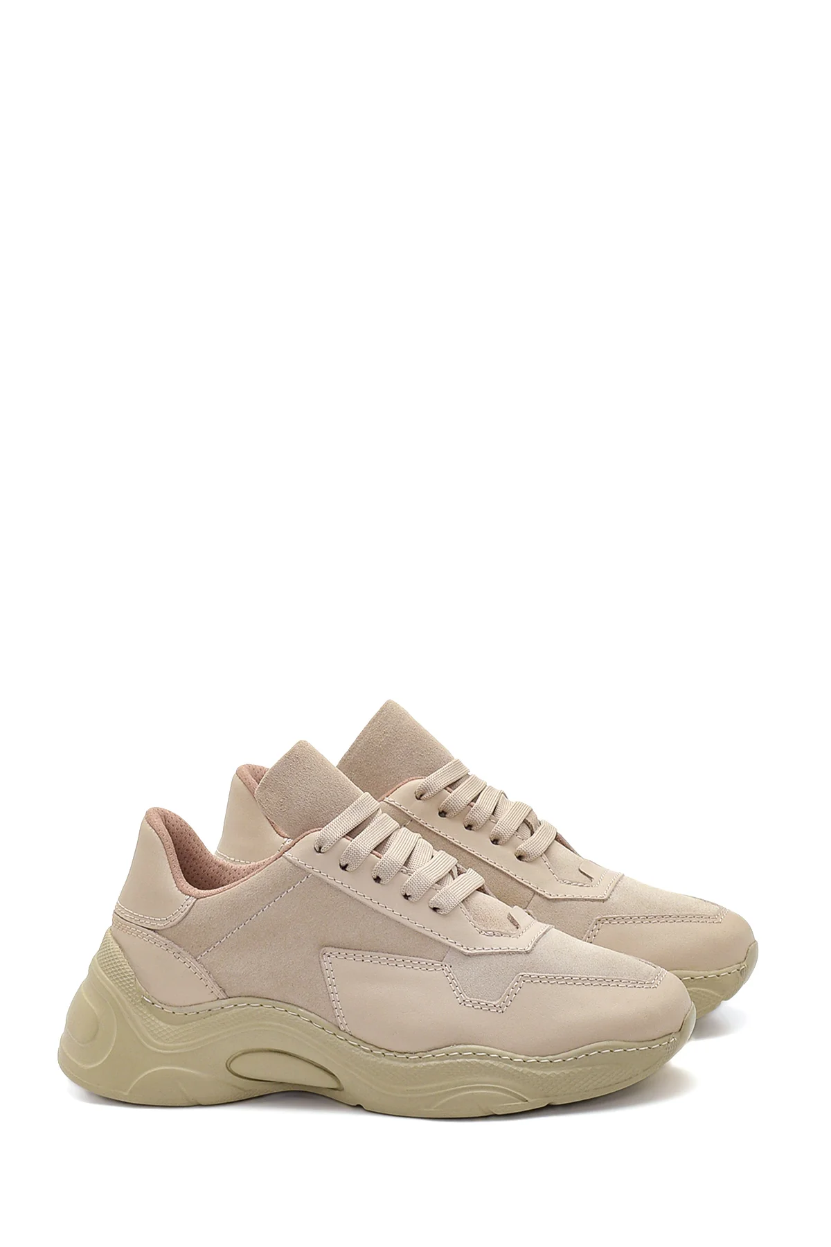 Kadın Bej Deri Yüksek Taban Sneaker - Image 3