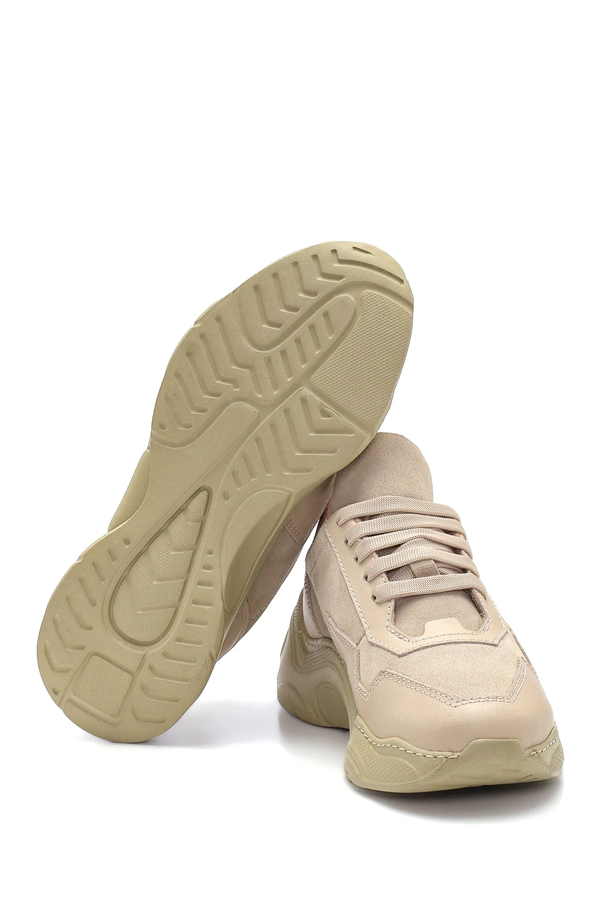Kadın Bej Deri Yüksek Taban Sneaker - Image 4