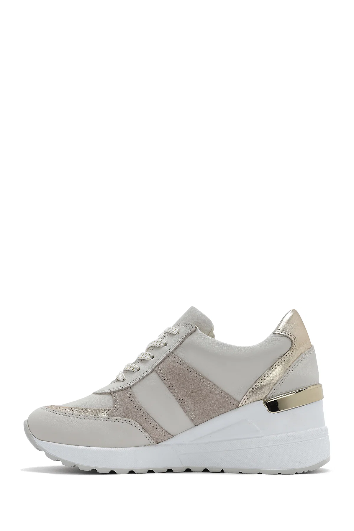 Kadın Bej Dolgu Topuklu Yandan Fermuarlı Deri Sneaker - Image 2
