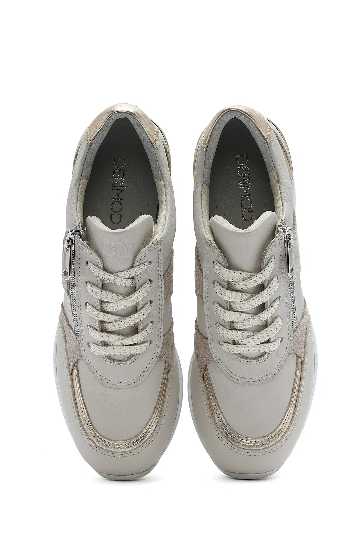 Kadın Bej Dolgu Topuklu Yandan Fermuarlı Deri Sneaker - Image 7
