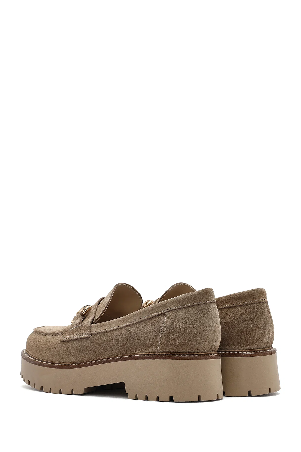 Kadın Bej Kalın Tabanlı Aksesuarlı Süet Deri Maskülen Loafer - Image 5