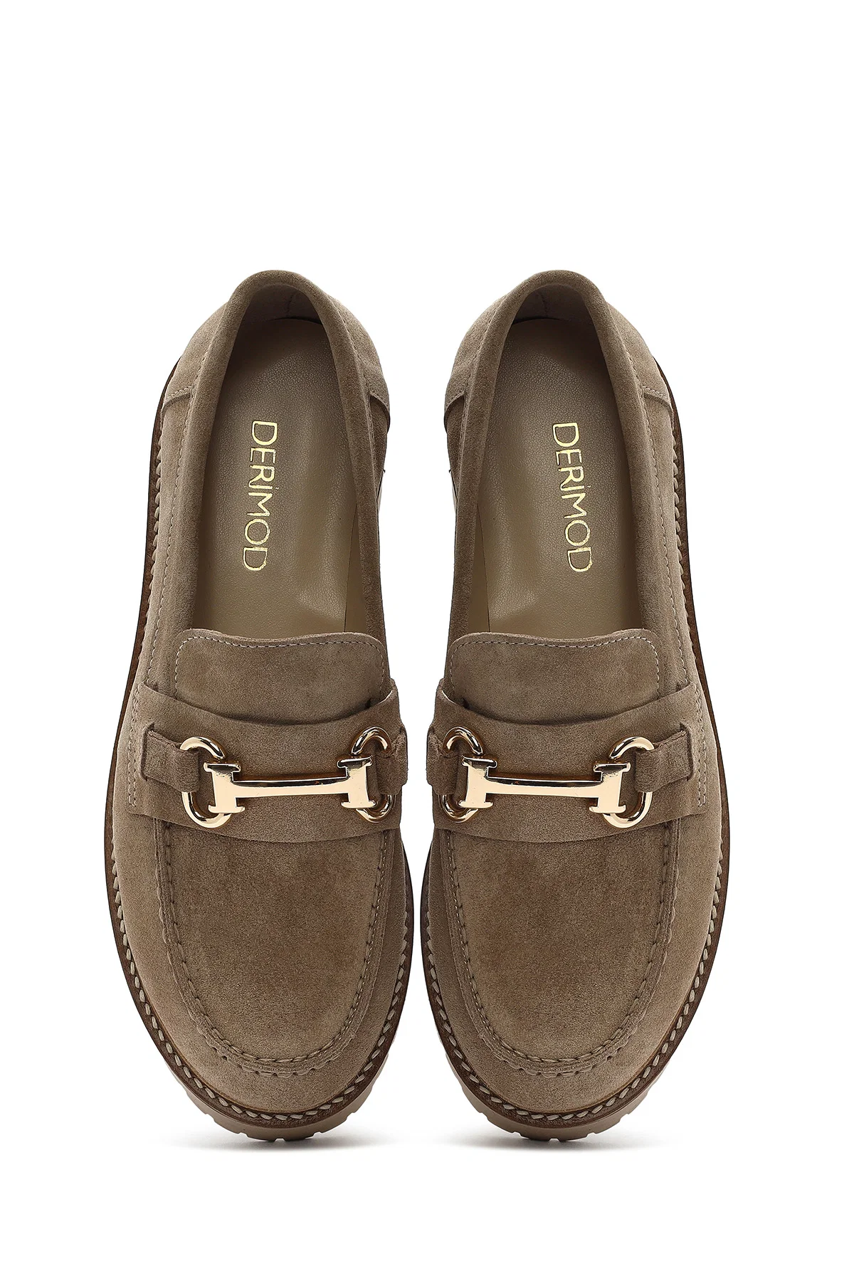 Kadın Bej Kalın Tabanlı Aksesuarlı Süet Deri Maskülen Loafer - Image 7
