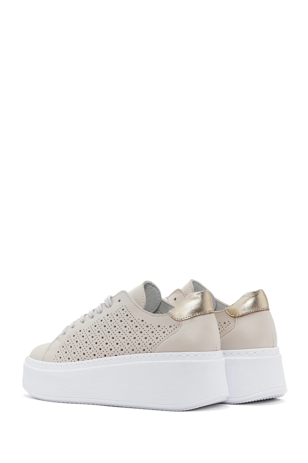 Kadın Bej Kalın Tabanlı Bağcıklı Deri Sneaker - Image 5