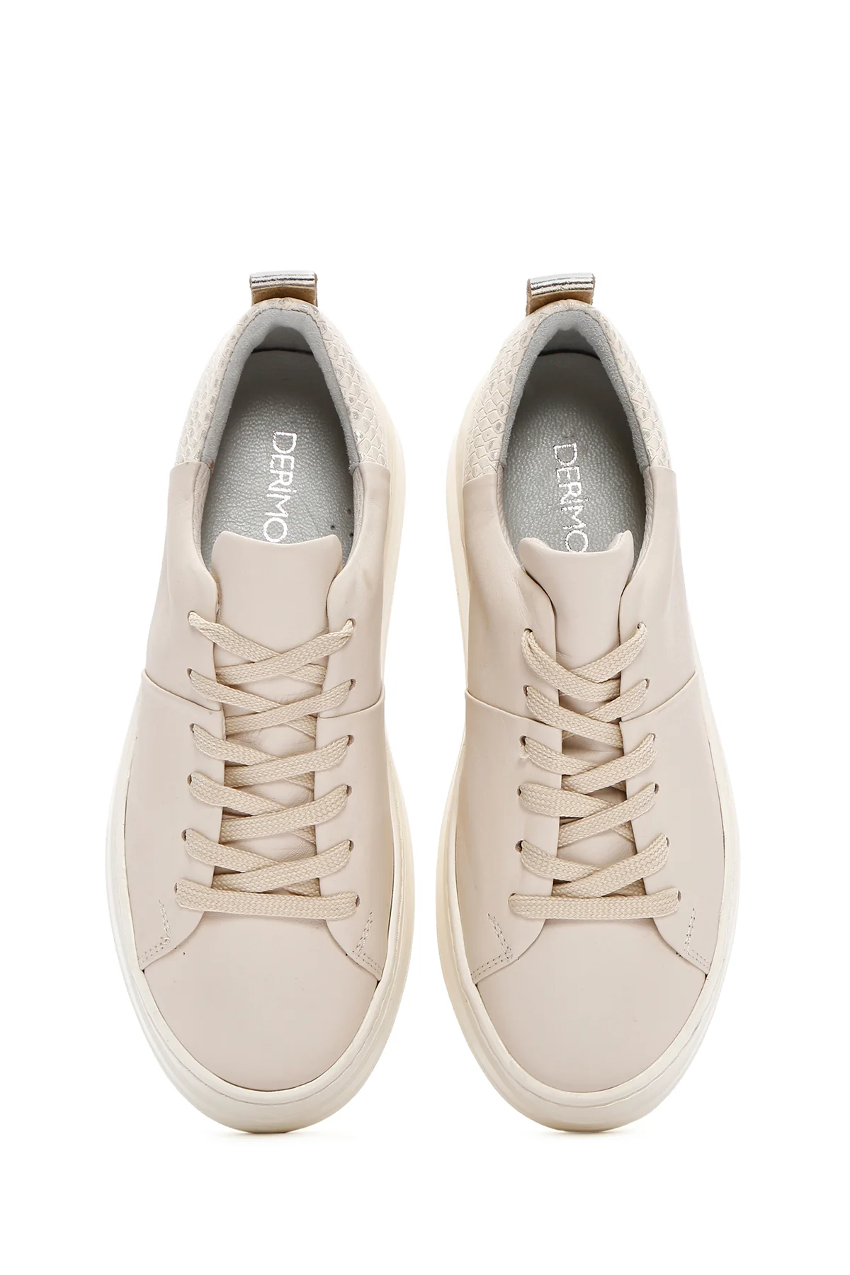 Kadın Bej Kalın Tabanlı Bağcıklı Deri Sneaker - Image 7
