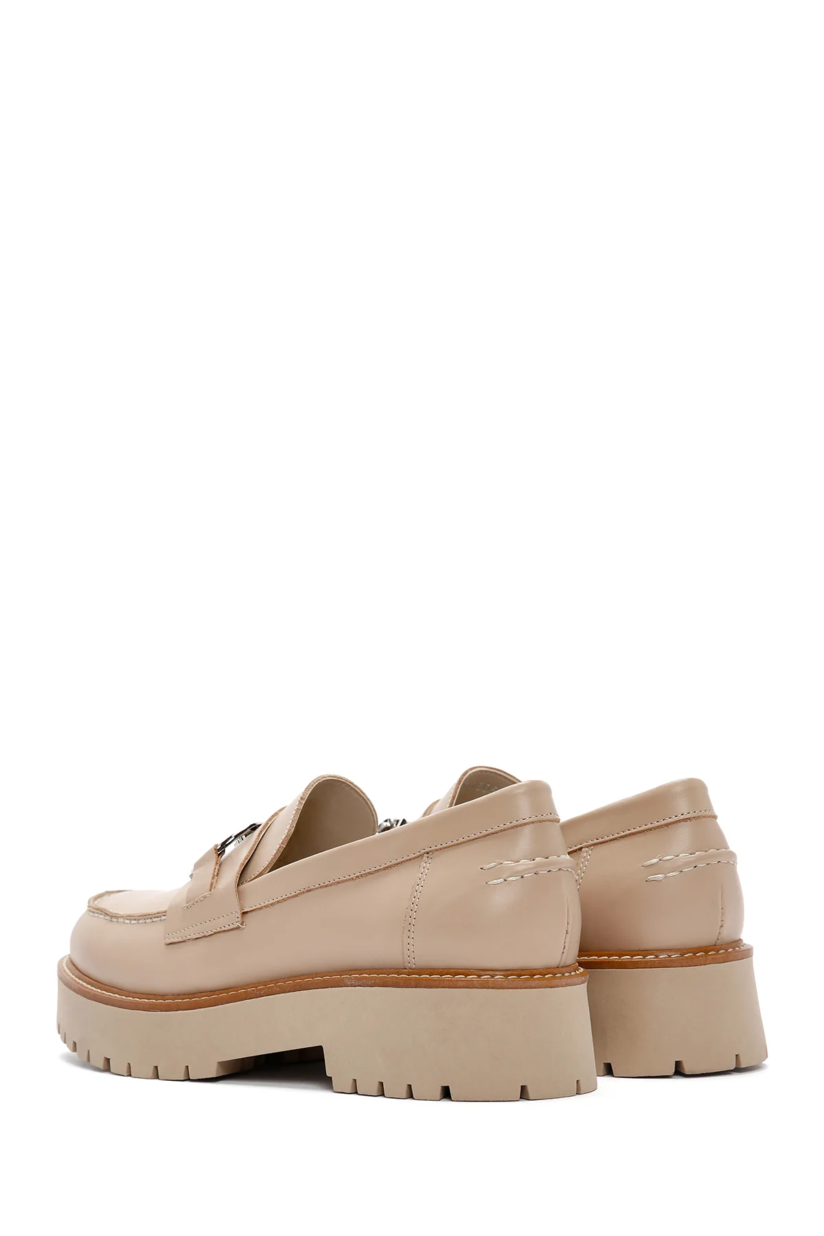 Kadın Bej Kalın Tabanlı Deri Maskülen Loafer - Image 5