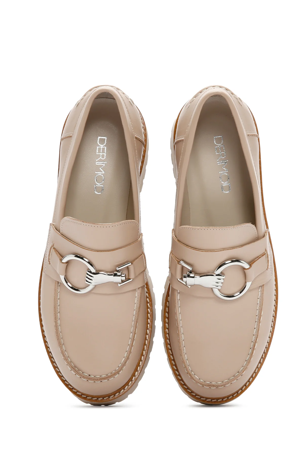 Kadın Bej Kalın Tabanlı Deri Maskülen Loafer - Image 6