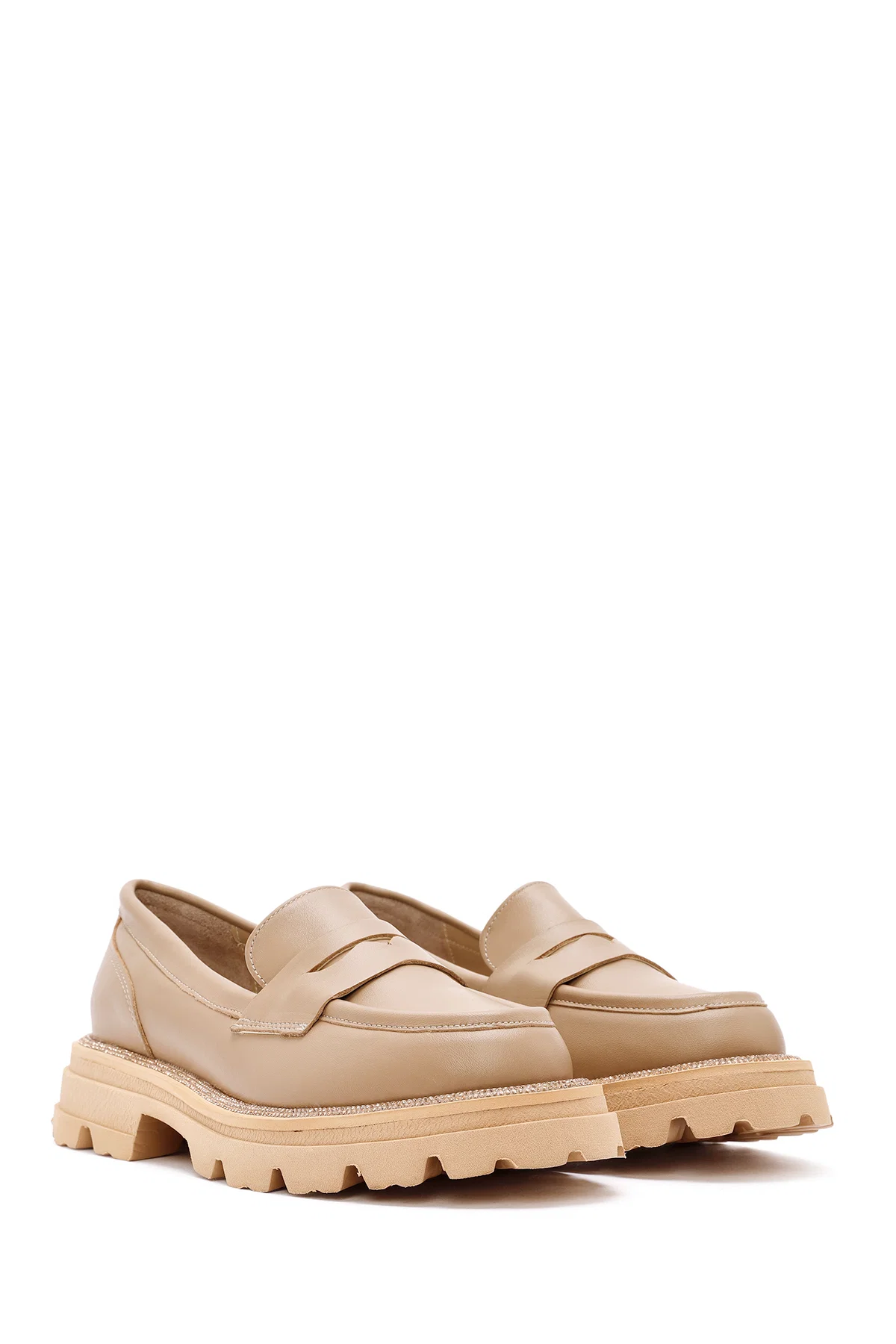 Kadın Bej Kalın Tabanlı Deri Maskülen Loafer - Image 3