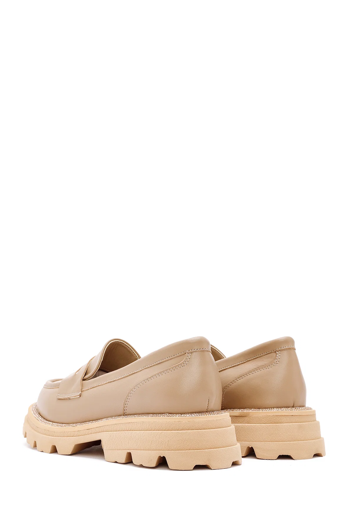 Kadın Bej Kalın Tabanlı Deri Maskülen Loafer - Image 5