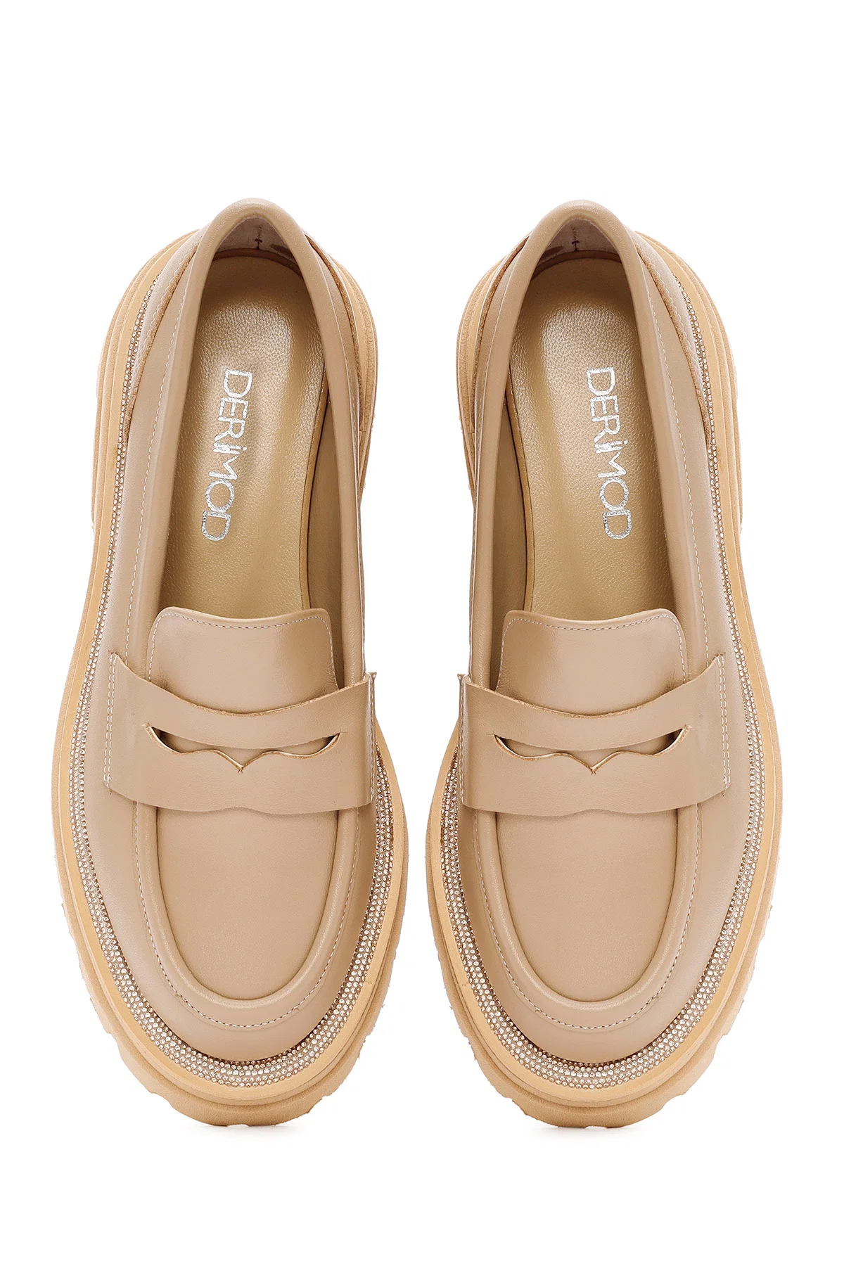 Kadın Bej Kalın Tabanlı Deri Maskülen Loafer - Image 7