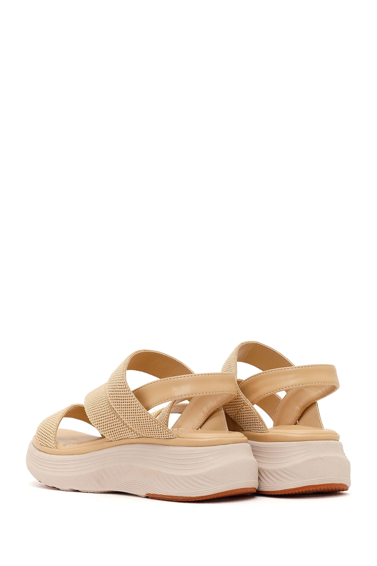 Kadın Bej Kalın Tabanlı Kumaş Comfort Sandalet - Image 6