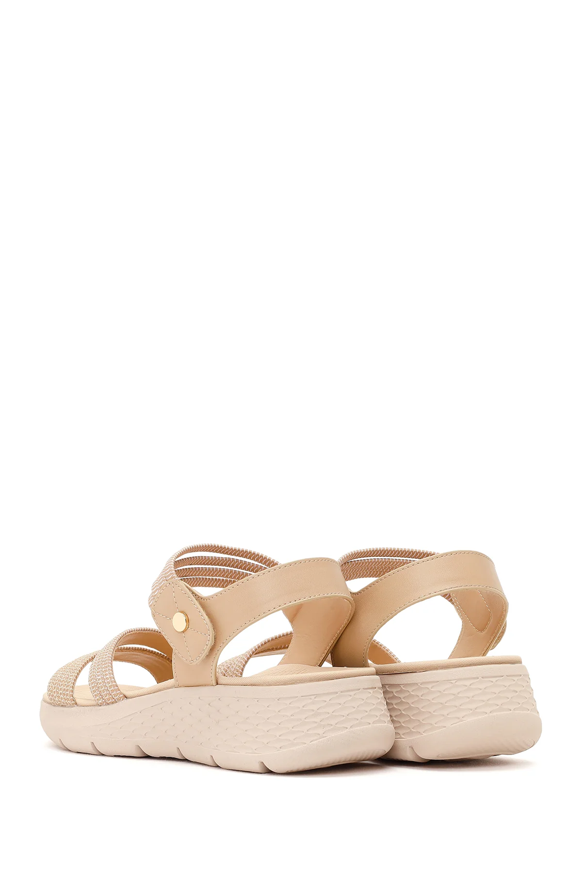 Kadın Bej Kalın Tabanlı Kumaş Comfort Sandalet - Image 6