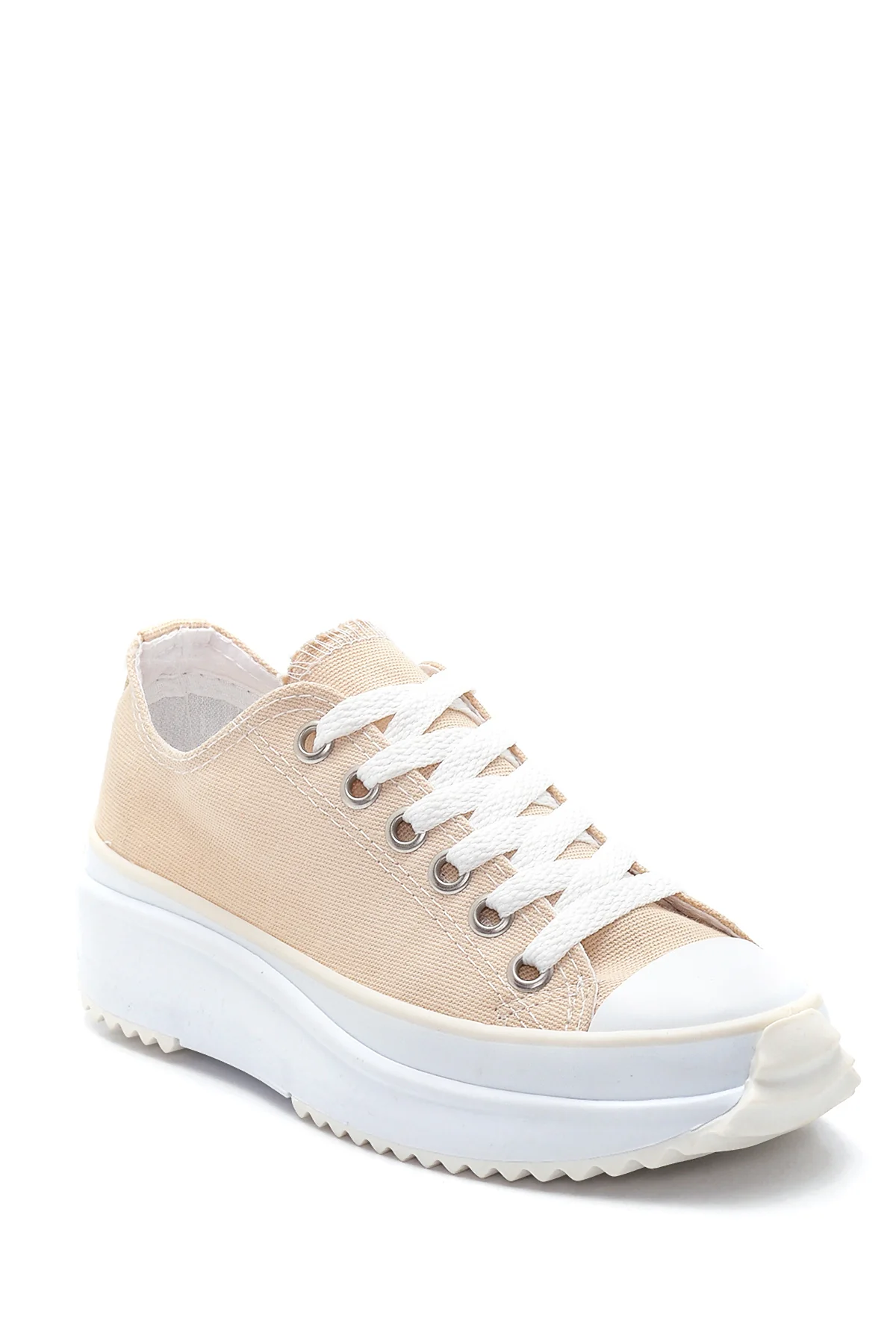 Kadın Bej Kalın Tabanlı Kumaş Sneaker - Image 3