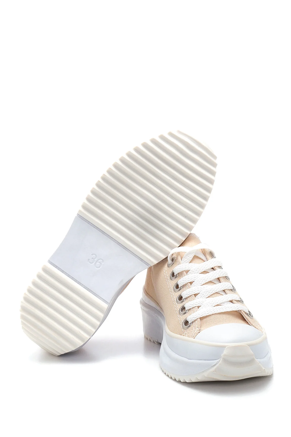 Kadın Bej Kalın Tabanlı Kumaş Sneaker - Image 4