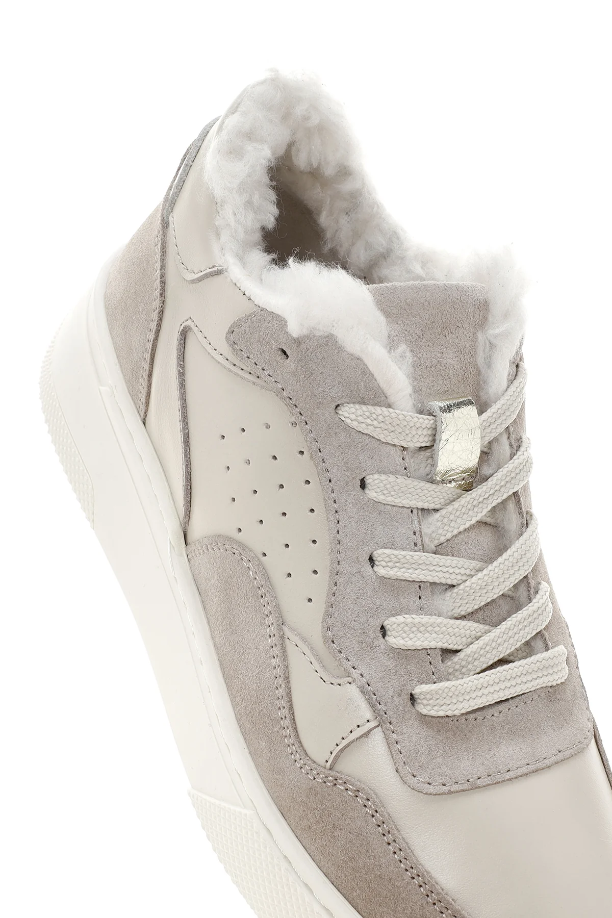 Kadın Bej Kalın Tabanlı Kürklü Deri Sneaker - Image 10