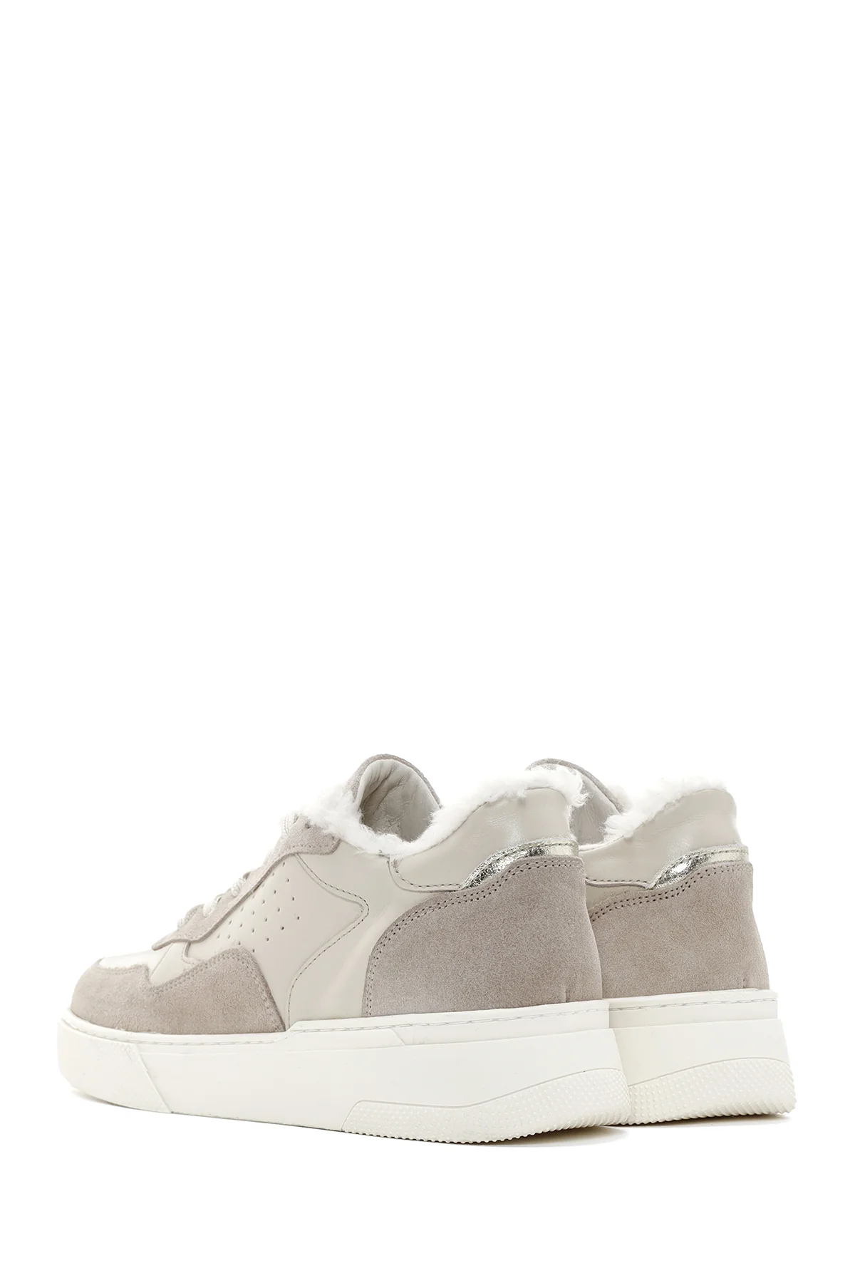 Kadın Bej Kalın Tabanlı Kürklü Deri Sneaker - Image 5