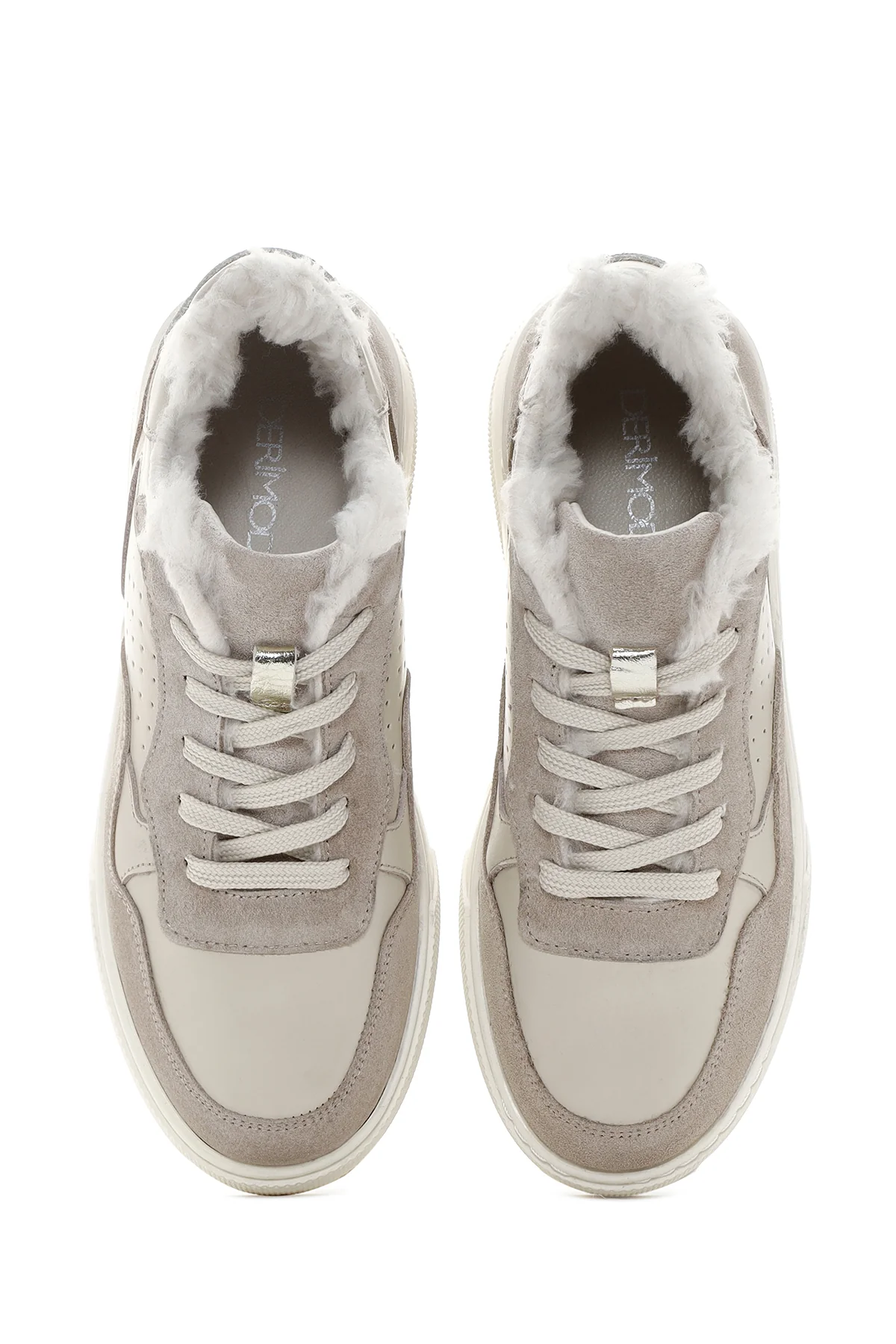 Kadın Bej Kalın Tabanlı Kürklü Deri Sneaker - Image 6