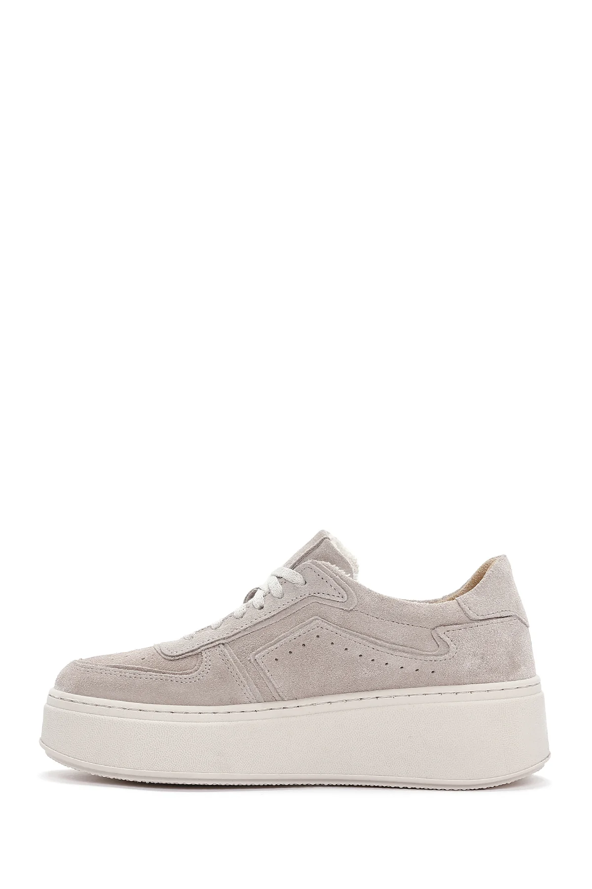 Kadın Bej Kalın Tabanlı Nubuk Deri Sneaker - Image 2
