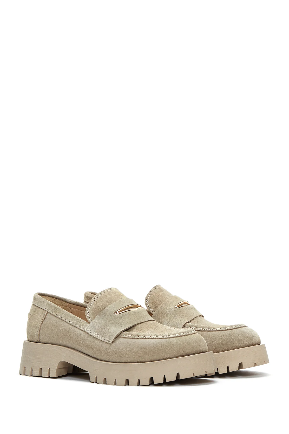 Kadın Bej Kalın Tabanlı Süet Deri Maskülen Loafer - Image 3
