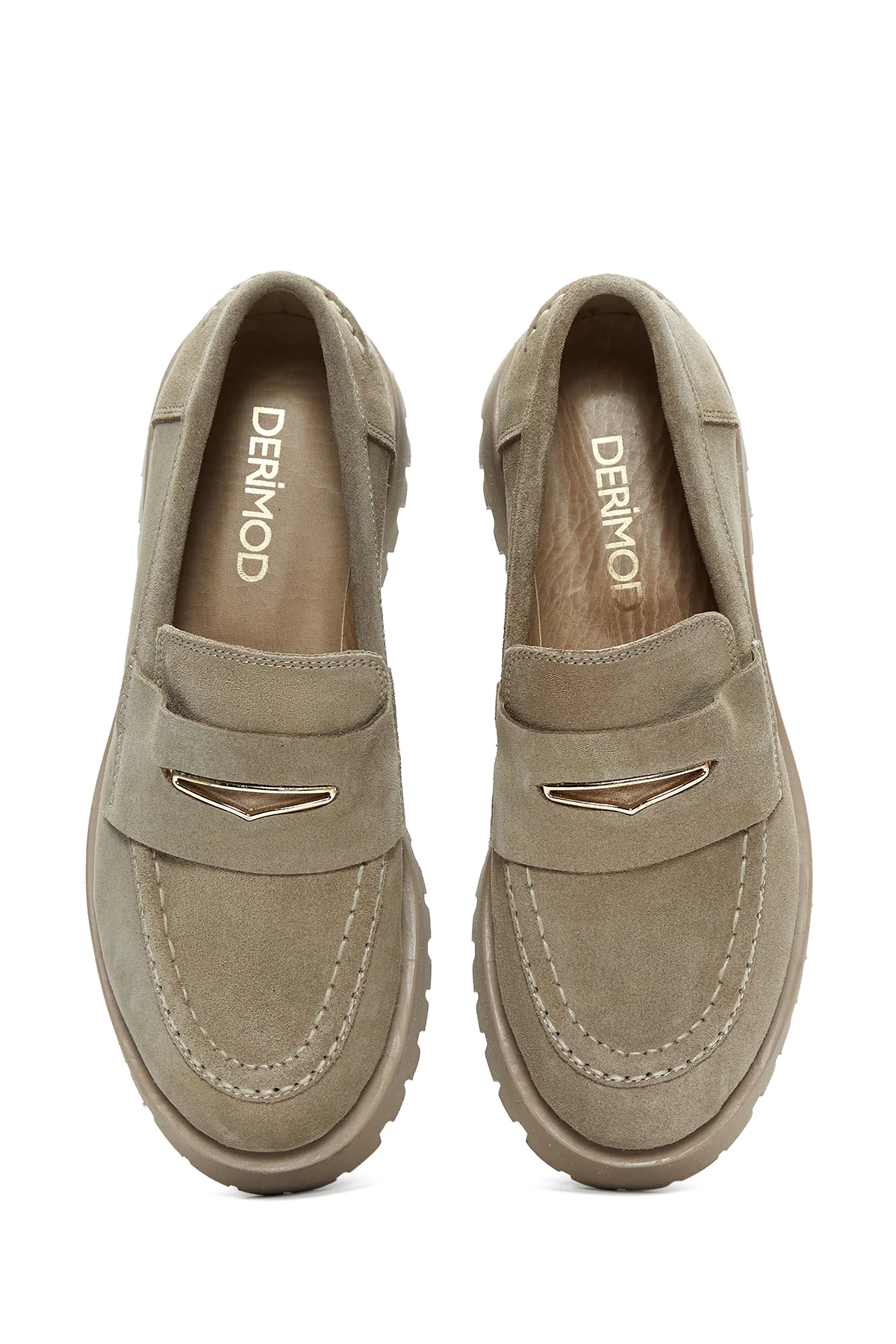 Kadın Bej Kalın Tabanlı Süet Deri Maskülen Loafer - Image 6