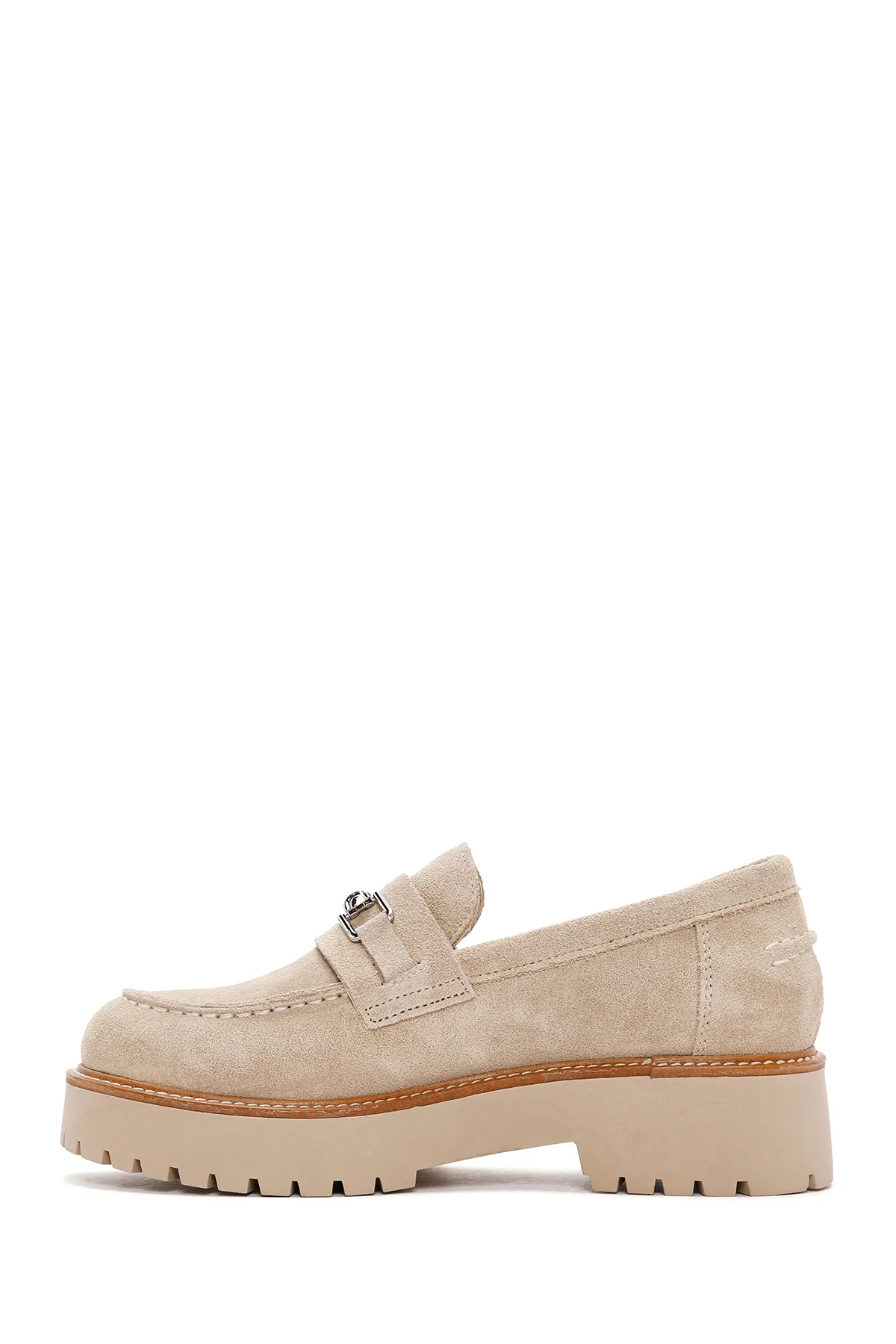 Kadın Bej Kalın Tabanlı Süet Deri Maskülen Loafer - Image 2