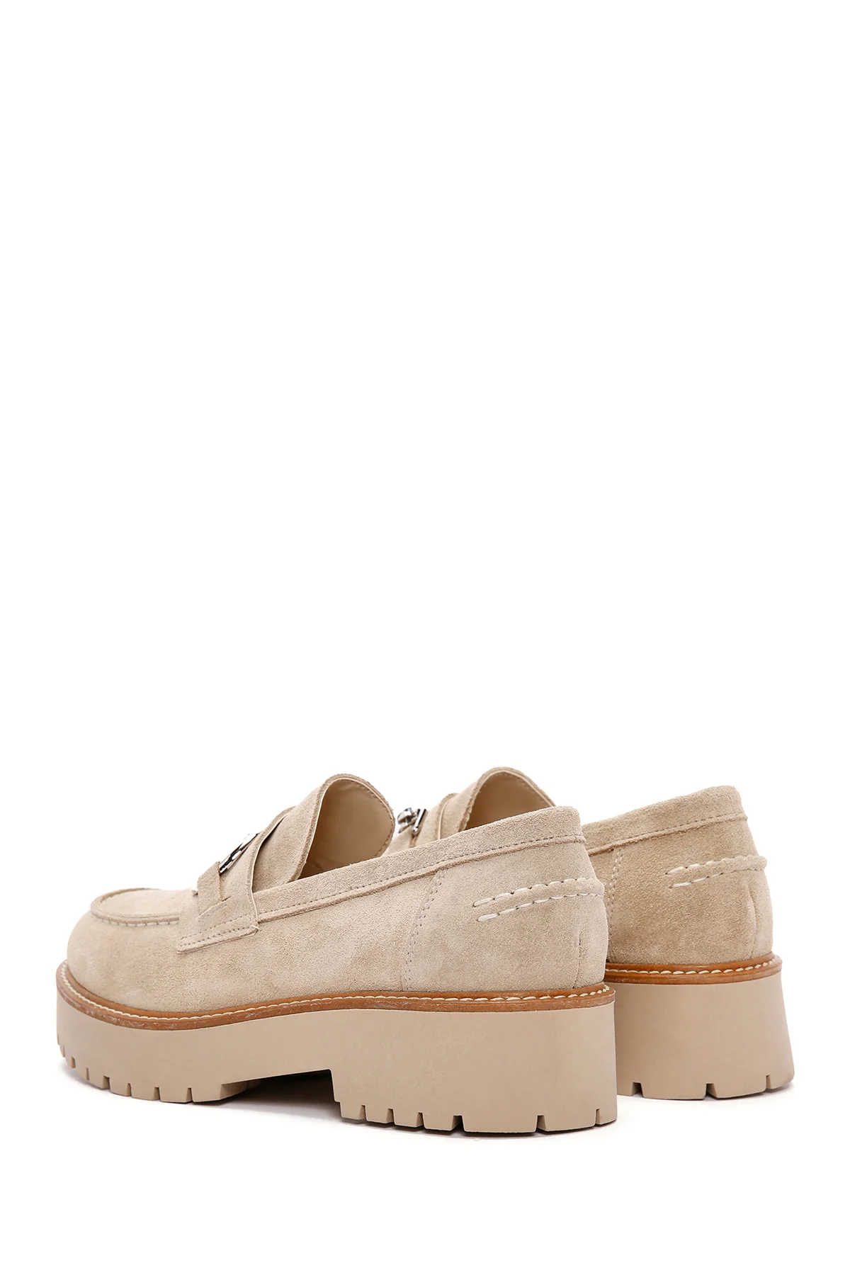 Kadın Bej Kalın Tabanlı Süet Deri Maskülen Loafer - Image 5