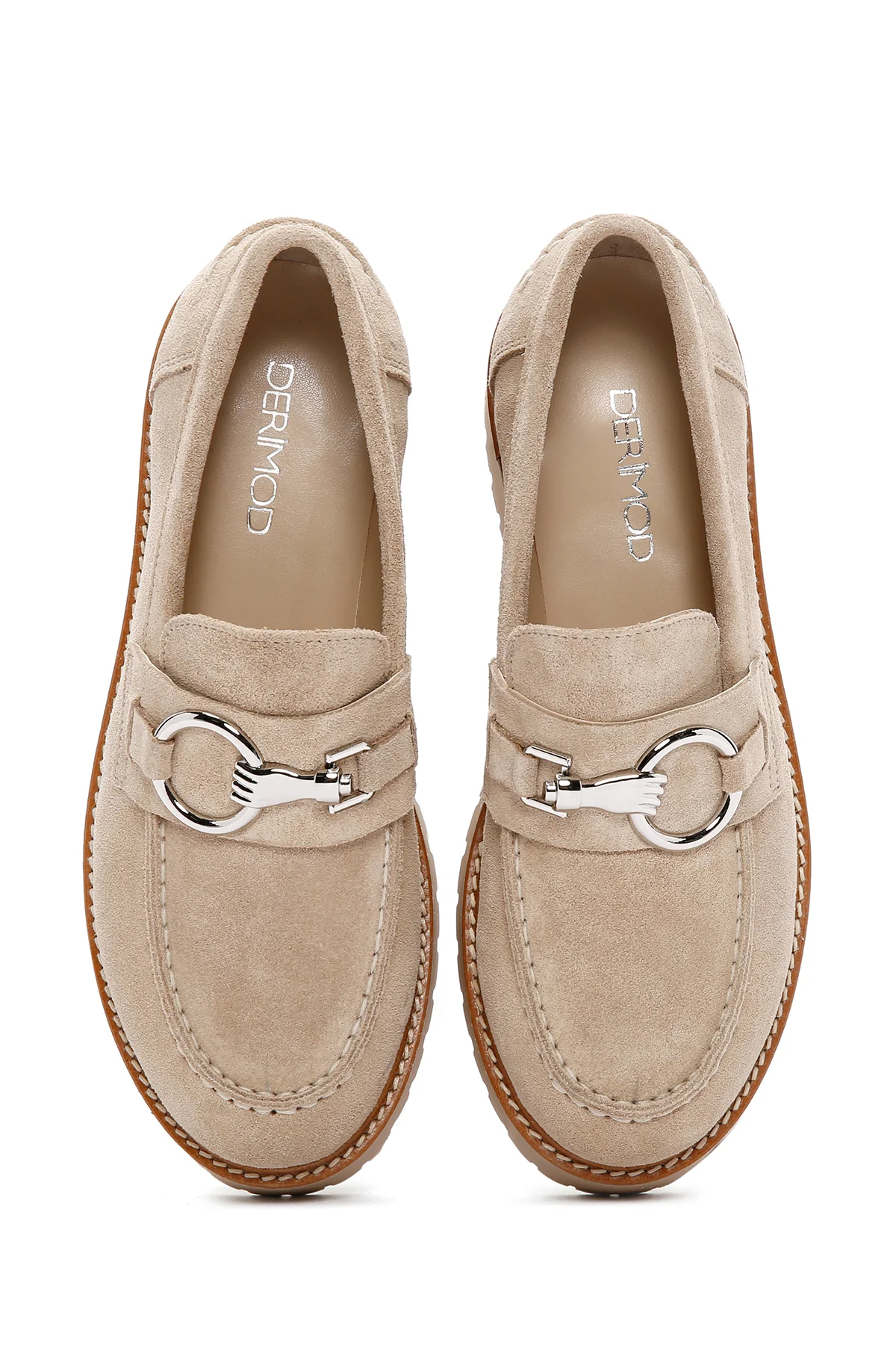 Kadın Bej Kalın Tabanlı Süet Deri Maskülen Loafer - Image 7