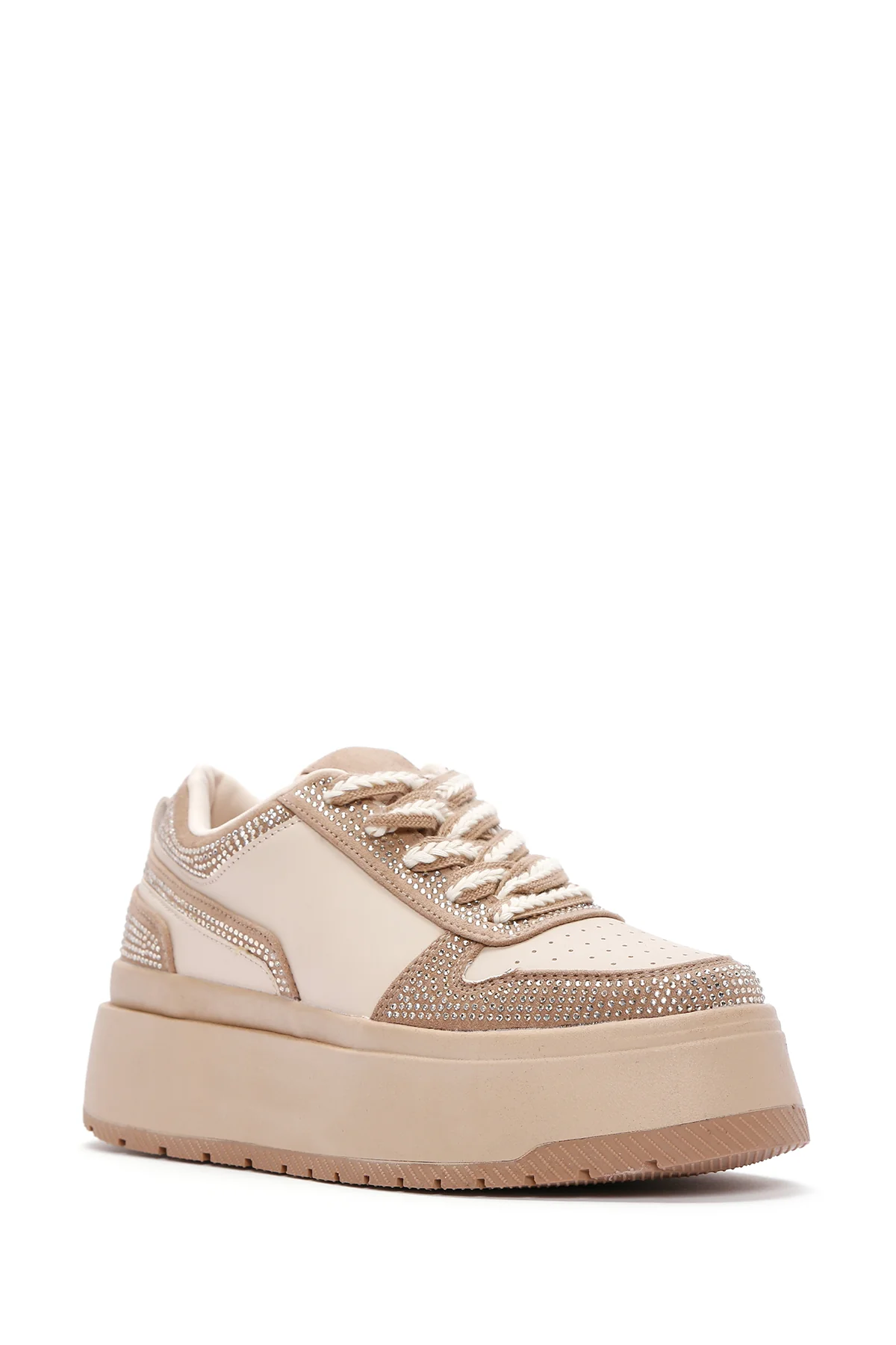 Kadın Bej Kalın Tabanlı Taşlı Bağcıklı Sneaker - Image 6