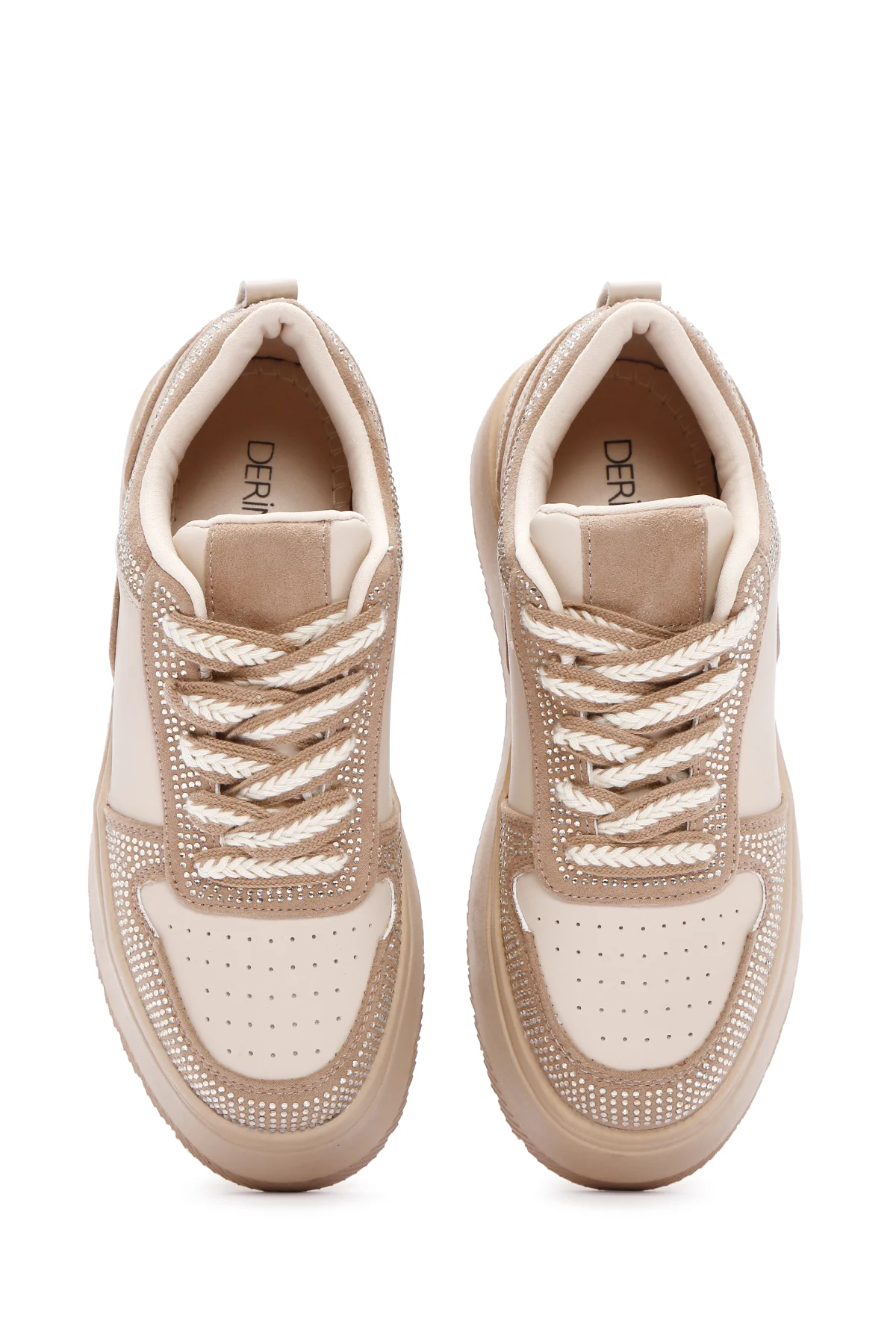 Kadın Bej Kalın Tabanlı Taşlı Bağcıklı Sneaker - Image 7