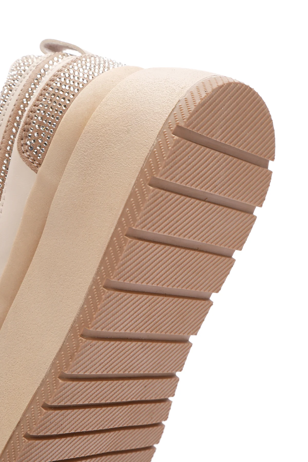 Kadın Bej Kalın Tabanlı Taşlı Bağcıklı Sneaker - Image 8
