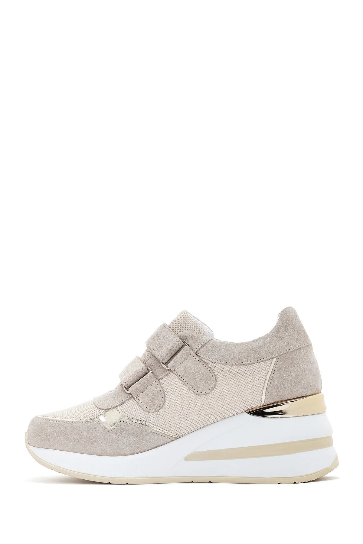 Kadın Bej Kalın Topuklu Bantlı Deri Sneaker - Image 2
